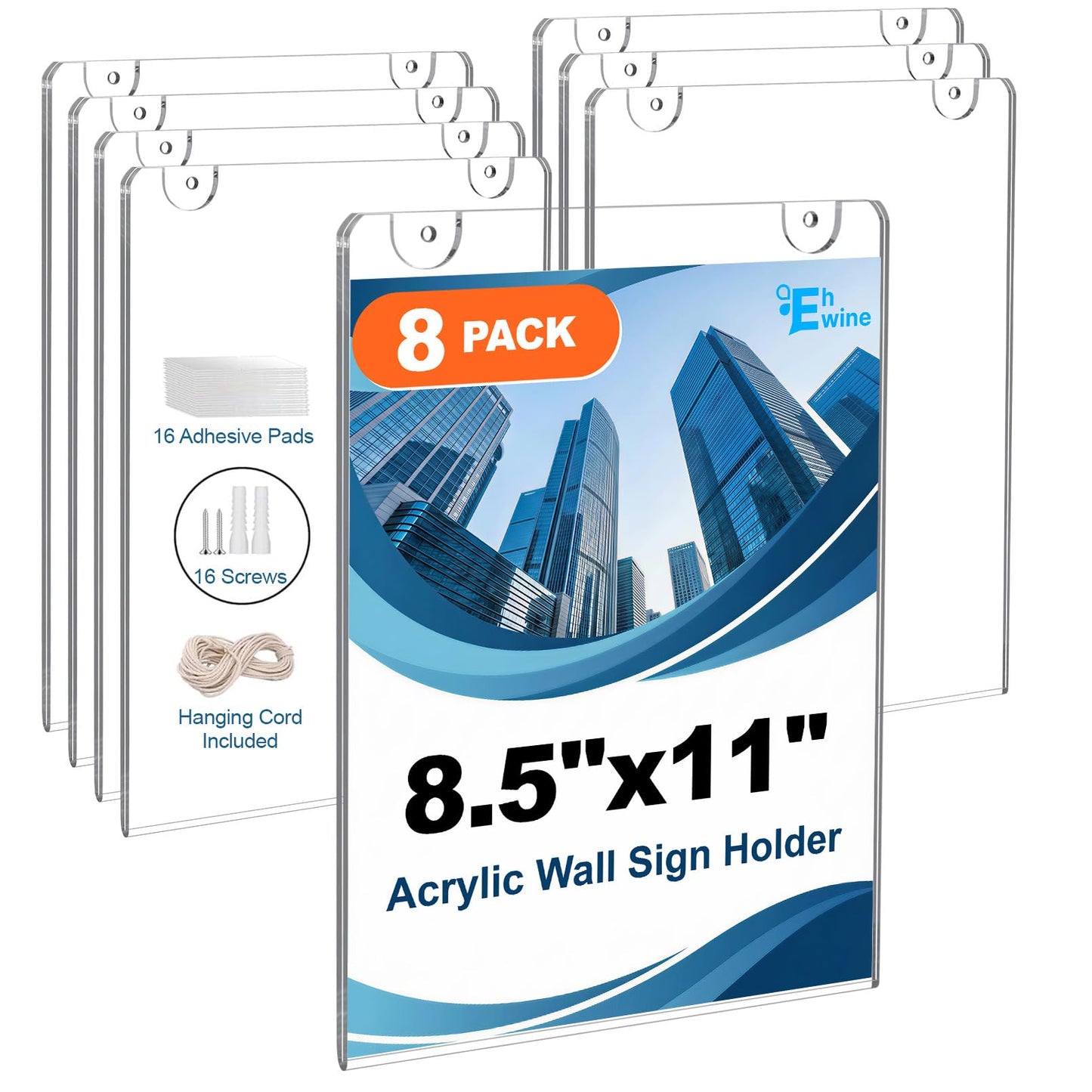 EHWINE 8 Pack 8.5x11 Wall Mount Acrylic Sign Holder, Acrylic Wall Sign Photo Menu Flyer Display Holder, Plastic Clear Picture Adhesive Frames for Business Store (Provide Mounting Screws)