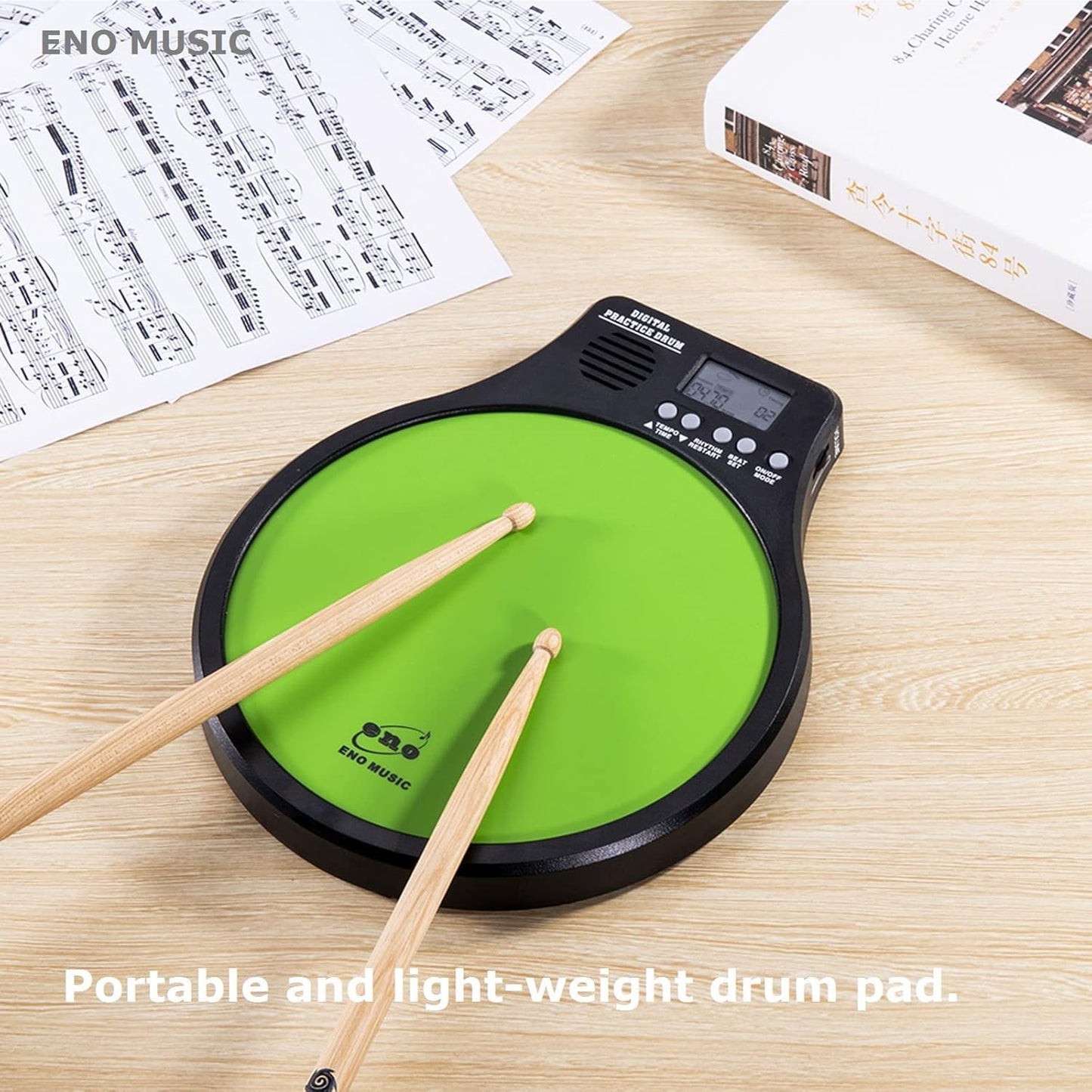 ENO MUSIC Beginner Rubber Drum Practice Pad with Audible Metronome 2 in 1 Percussionists Rhythm Training Tool