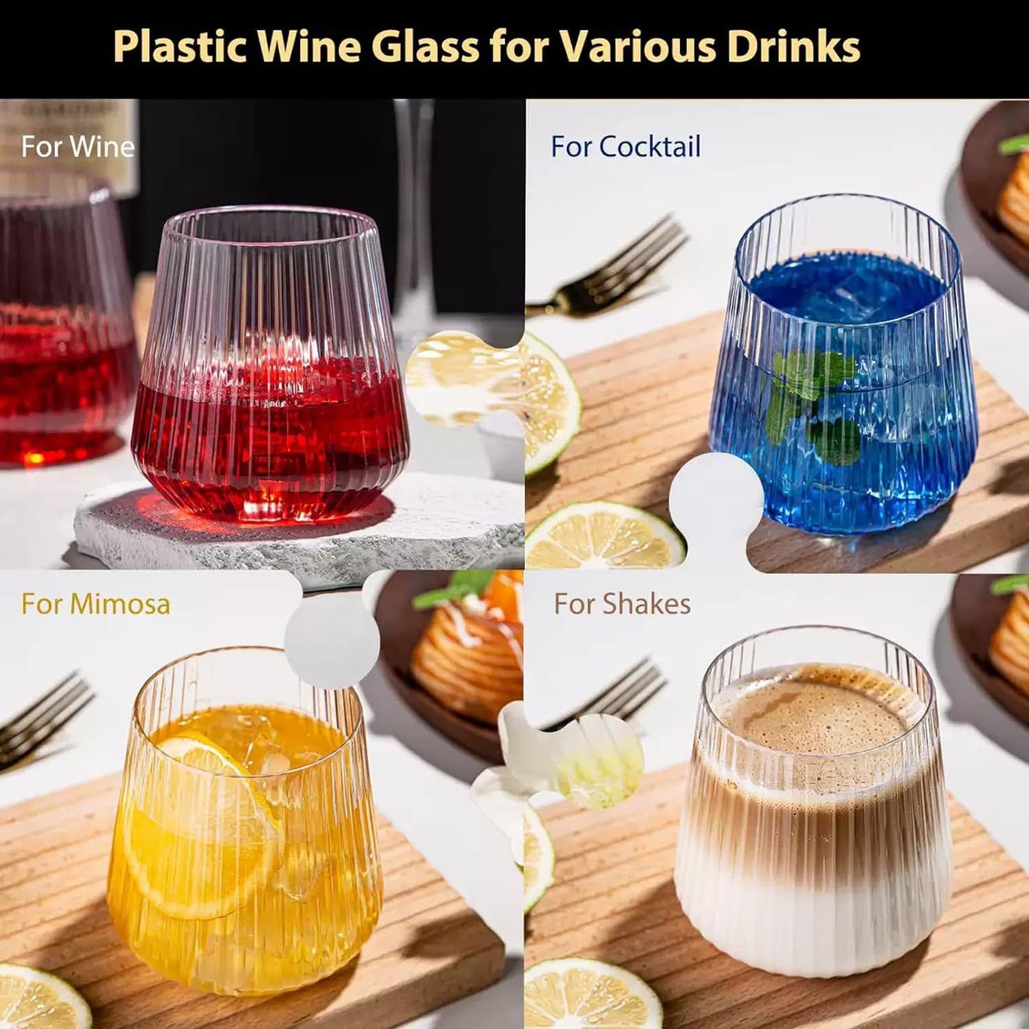 40 Pack Plastic Ribbed Wine Glasses 14oz Origami Style Disposable Wine Cups Unbreakable Clear Plastic Cocktail Glasses Disposable & Reusable for Champagne, Dessert, Catering, Weddings
