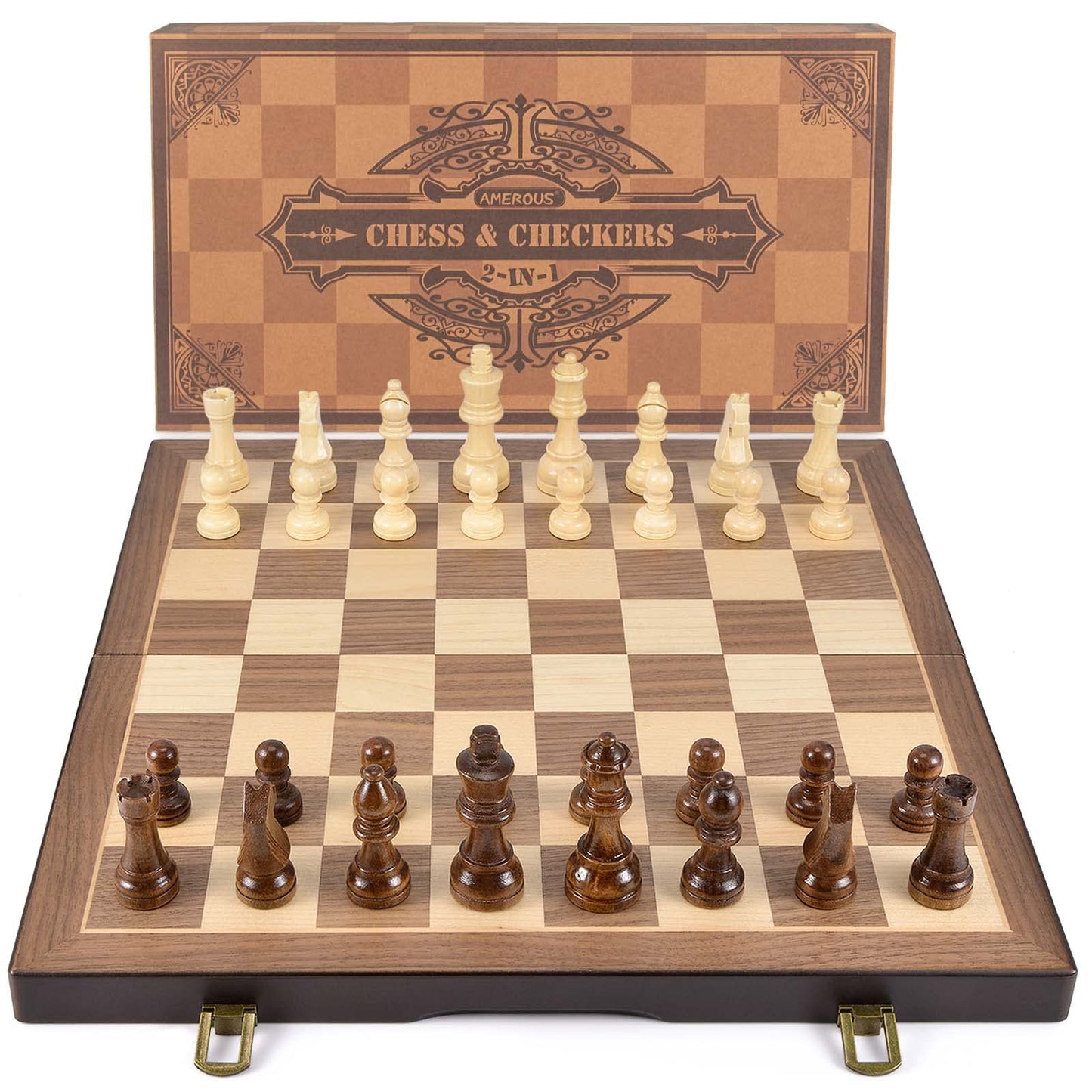 AMEROUS Magnetic Wooden Chess and Checkers Game Set, 15 Inches (2 in 1) Chess Board Games, 2 Extra Queens - Gift Package - Game Pieces Storage Slots, Beginner Chess Set for Kids, Adults