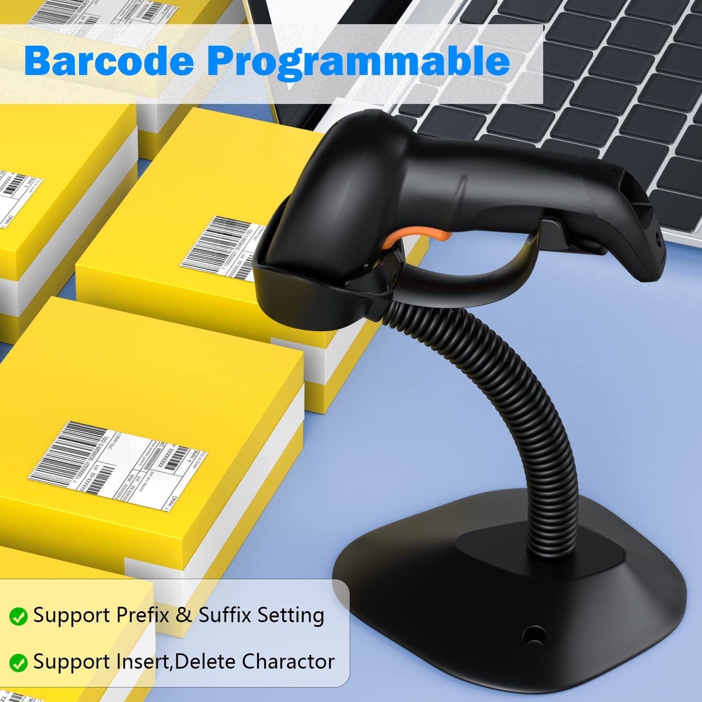Symcode Upgraded Wireless 2D Barcode Scanner with Auto-Sensing Stand,Putting on Stand to Scan Automatically Sense Scanning Bluetooth Barcode Scanner with Battery Level Indicator More-to-one Mode
