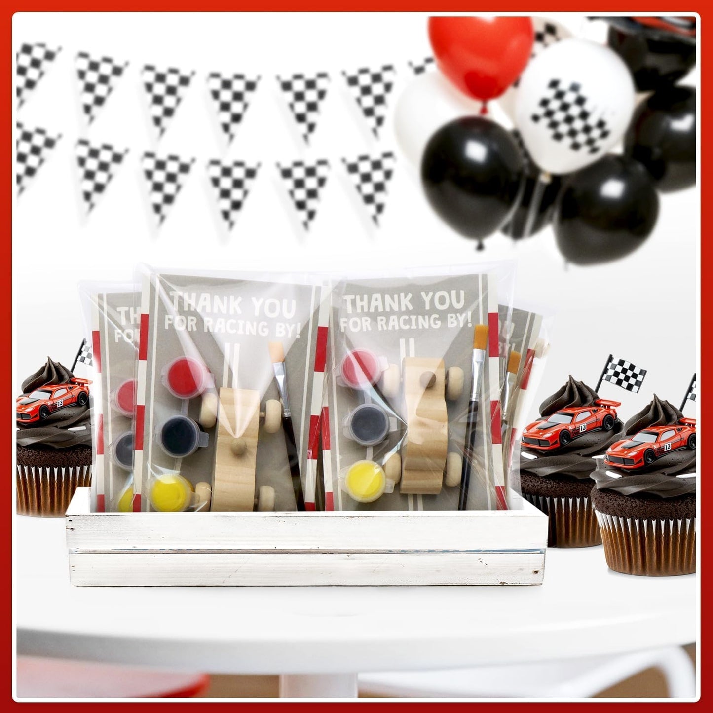 Racecar Painting Party Favors Kit - 12 Unfinished Wooden Cars, Acrylic Paints, Brushes, Thank You Cards, Perfect for Racing-Themed Birthday & Two Fast Theme Party Supplies