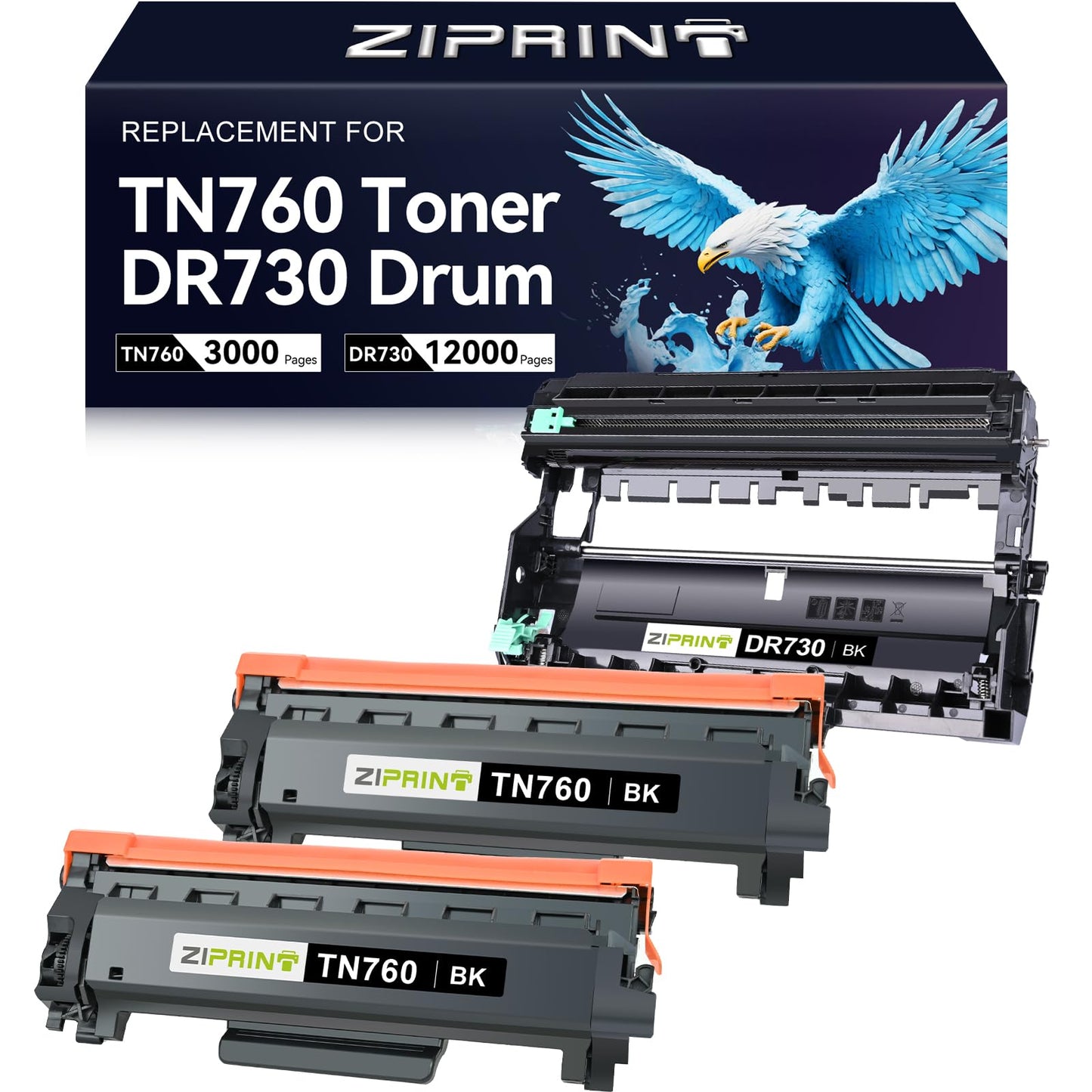 ZIPRINT TN760 Toner Cartridge and DR730 Drum Unit Compatible Replacement for Brother TN 760 TN-760 TN730 DR730 for MFC-L2710DW MFC-L2750DW HL-L2370DW DCP-L2550DW (2 Toners, 1 Drum Unit, 3 Pack)