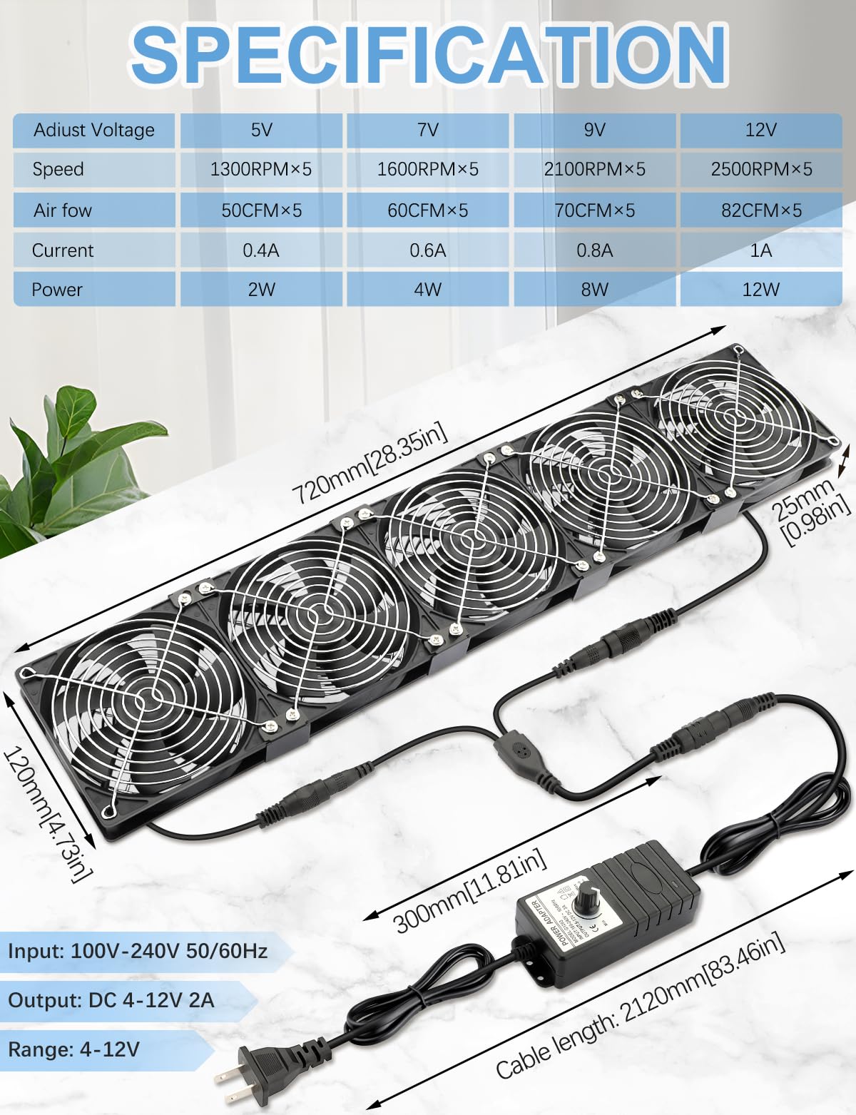 Wathai 120mm x 5 Small Box Computer Fan with AC Plug Dual Ball with Variable Speed Controller for External GPU, Server Rack Cabinet, Chicken Coop, Window Exhaust Cooling Ventilation