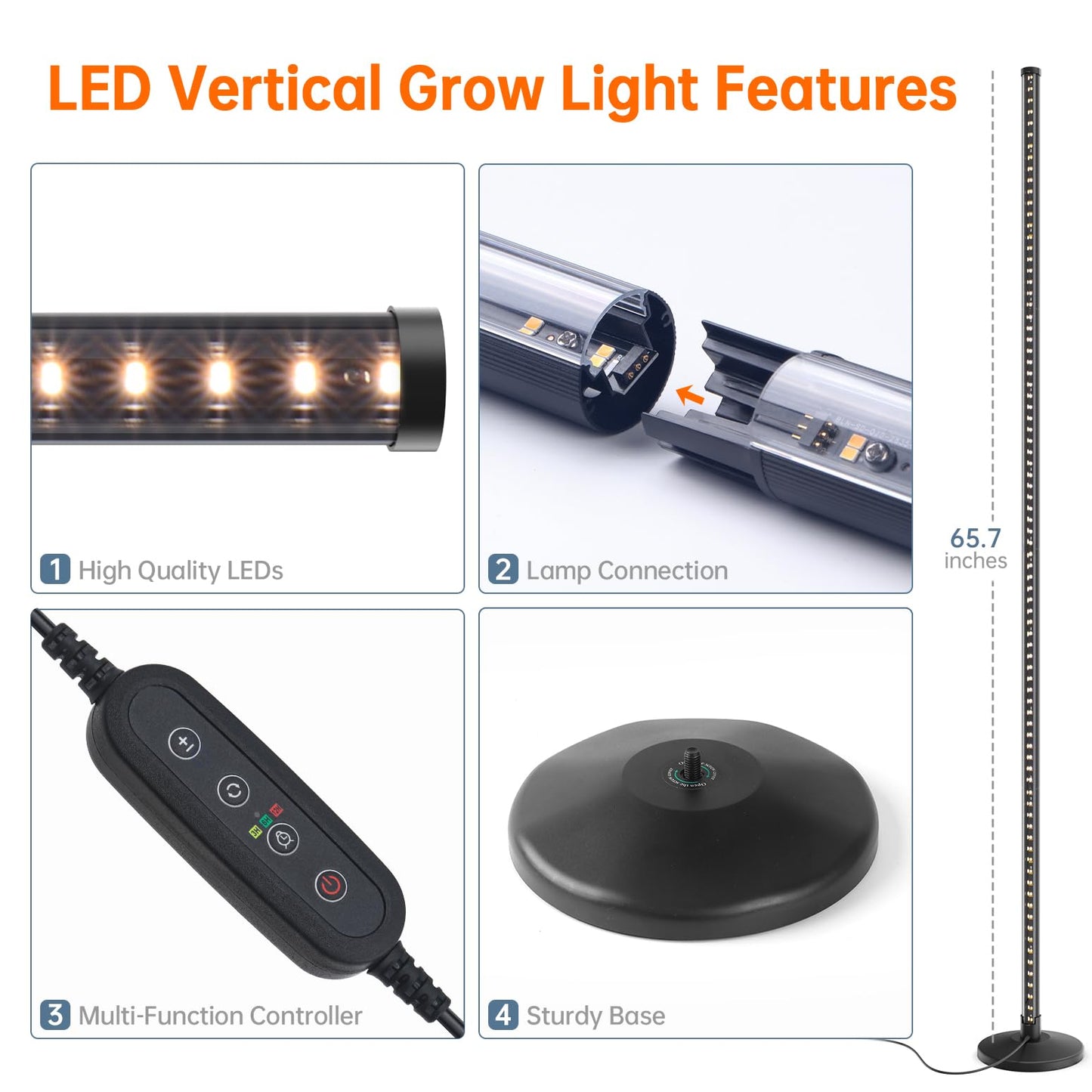 Bstrip Standing Grow Light for Indoor Plants - T10 Full Spectrum Vertical Wide Illumination, 16in-65in Adjustable Height Plant Lamp with Stand, 3 Light Modes & Timer