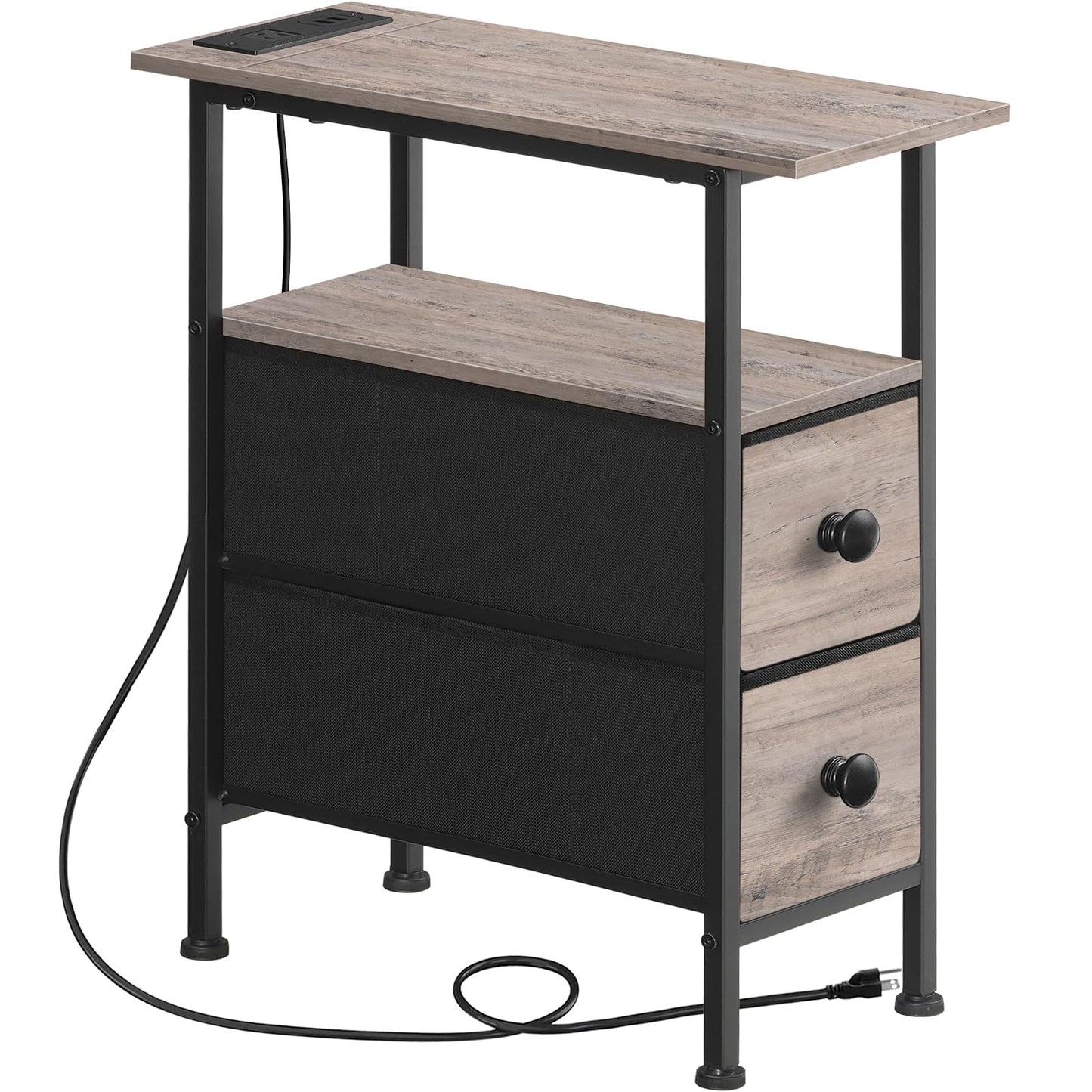 HOOBRO End Table with Charging Station, Narrow Side Table with 2 Fabric Drawers, Skinny Nightstand with Storage, Slim Bedside Table for Living Room, Small Spaces, Greige and Black BG487UBZ01