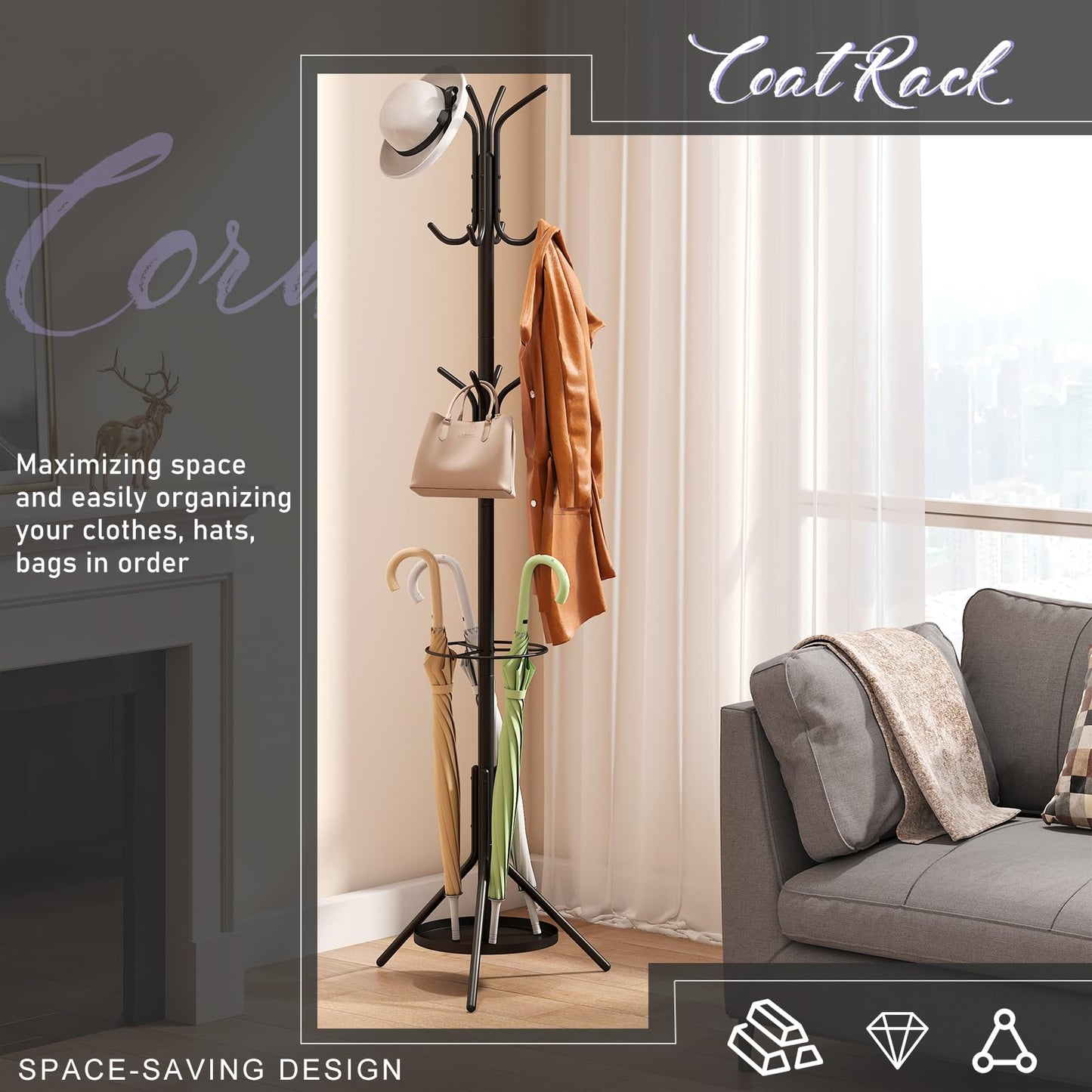 Wieghda Metal Coat Rack with Umbrella Holder,Coat hanger Freestanding,Entryway Hanger Stand,Hall Tree With 12 Hooks,Black