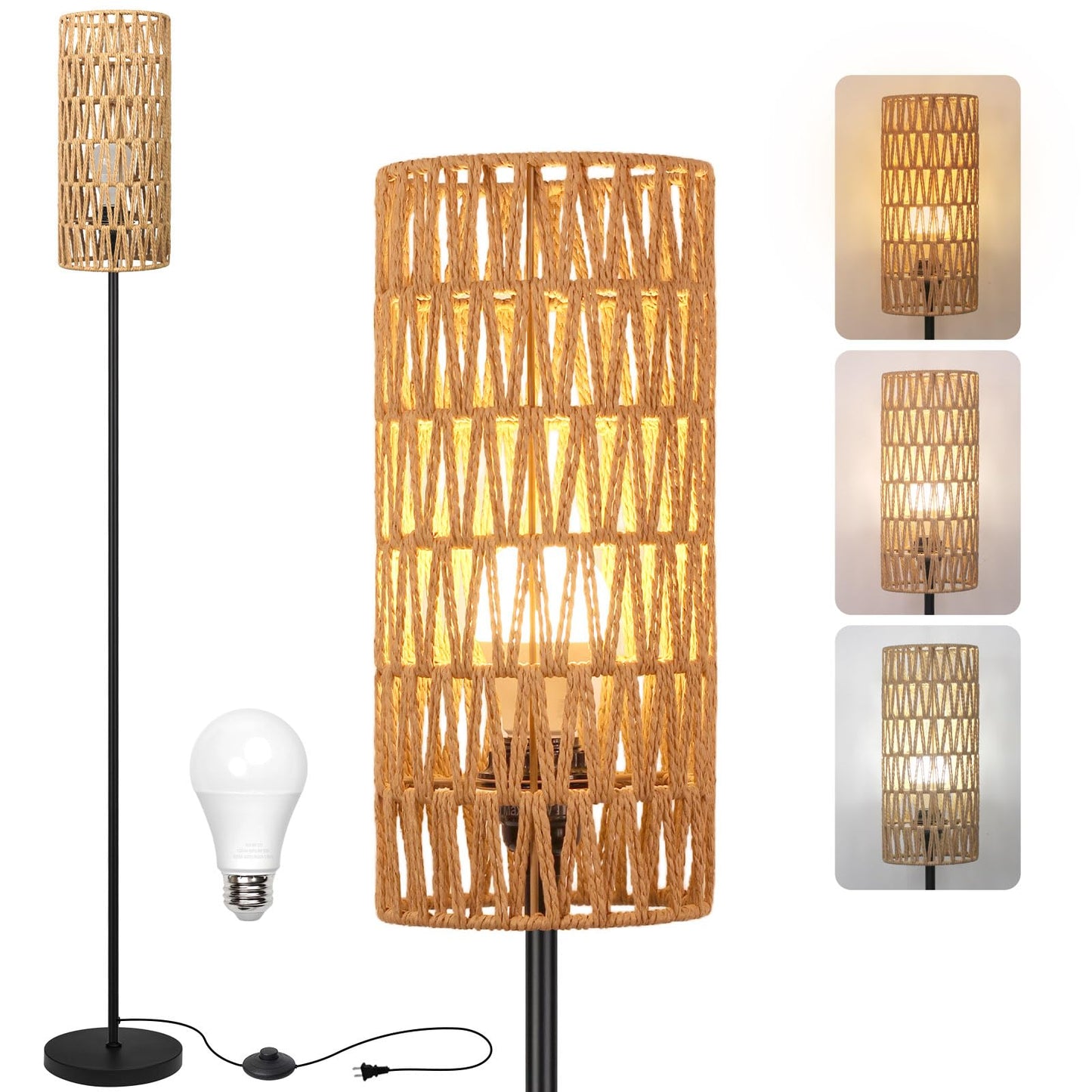 Floor Lamp for Living Room,Farmhouse Rattan Floor lamp,Modern Standing lamp with Hand-Worked Rattan Shade,Black Tall Lamp with Foot Switch