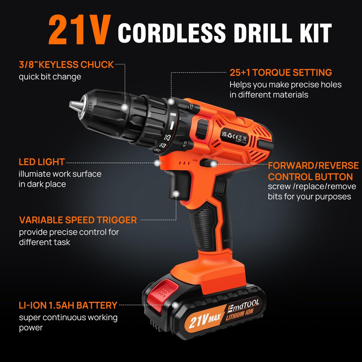 21V Cordless Power Drill with Two Batteries,Electric Screwdriver Drill Set, 2 Variable Speed,25+1 Torque Setting,29PCS Accessories,LED Work Light for Home and Garden DIY Project Kit(45Nm/Orange)