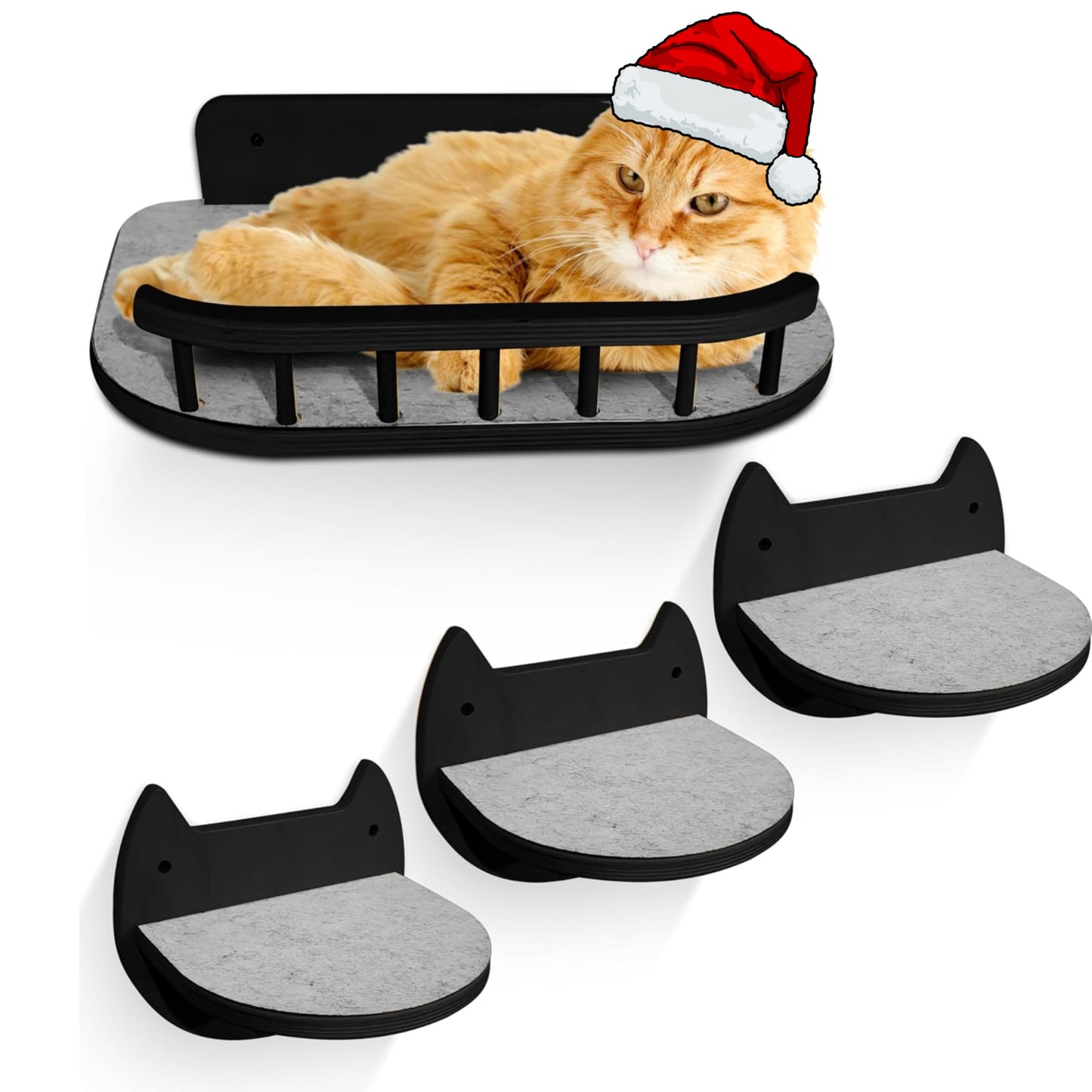 BUOGA Cat Wall Shelves with 3 Steps – Modern Mounted Cat Wall Furniture & Shelf, Premium Hardwood cat Bed for Climbing, Sleeping & Lounging, Indoor Hammock for Large Cats - Black