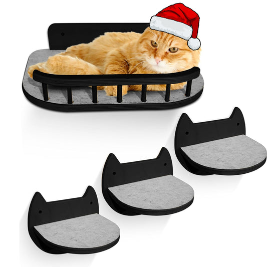 BUOGA Cat Wall Shelves with 3 Steps – Modern Mounted Cat Wall Furniture & Shelf, Premium Hardwood cat Bed for Climbing, Sleeping & Lounging, Indoor Hammock for Large Cats - Black