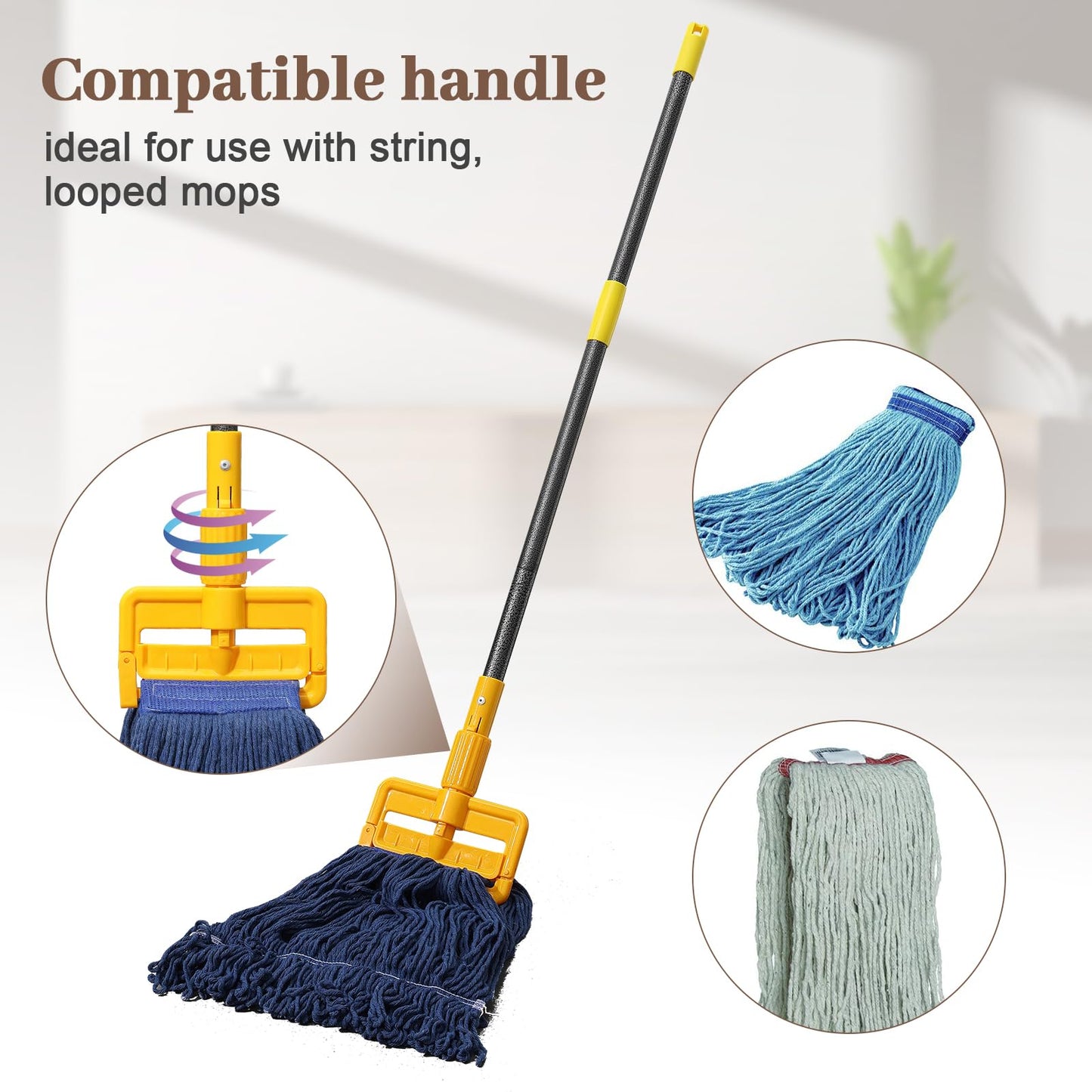 FLY HAWK Mop Handle Commercial Heavy Duty, 60 inch Metal Commercial Mop Stick,Side Gate Mop Head Replacement Holder for Floor Cleaning,Clamp Mop Handles Quick Change for Wet Mop