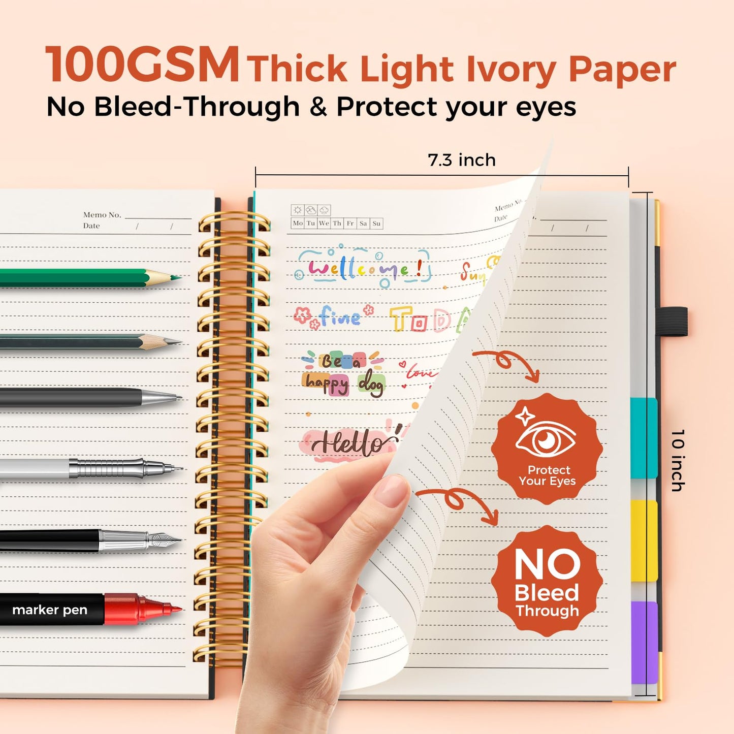 XYark Line Hardcover Spiral Notebook with Removable Dividers Tabs & Ruler, 5 Subject Notebook College Ruled, 300 Page, Large 8"x10" B5 Notebooks for Work School, Lined Journal for Women & Men, Black