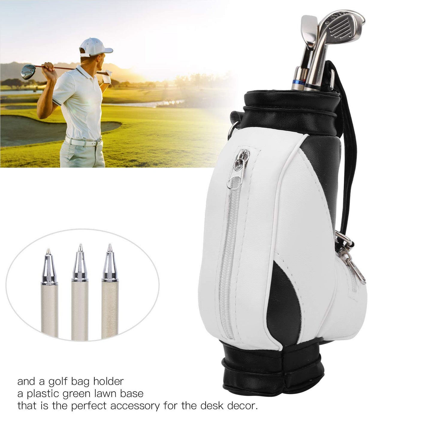 Mini Bag Pen Holder with 3 Club Pens, Novelty Gift Set for Golfer Friends Fans (Black White)