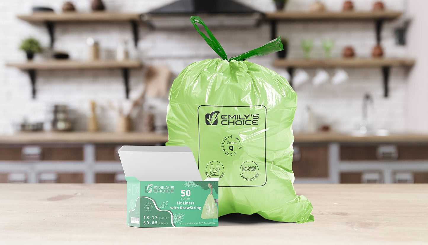 Emily's Choice Heavy Duty Biodegradable Tall Kitchen Trash Bag (50 count) with D2W Technology, Custom Fit compatible with Simplehuman Code Q trash bins, 50-65L / 13-17 Gallons, ATSM 6954,1.2 Mil / 30