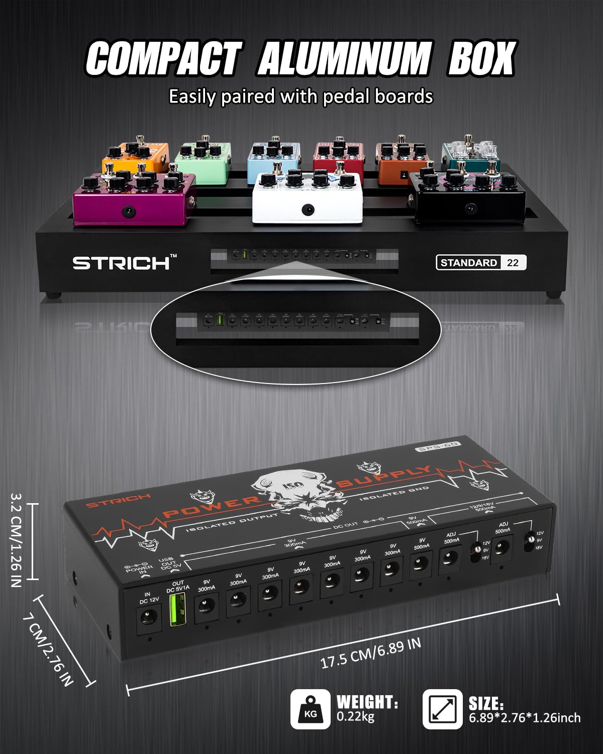 STRICH SPS-60 Guitar Pedal Power Supply, 10 Totally Independent DC Outputs Pedal Board Power Supply for 9V/12V/18V (300mA/500mA) High Power for Power High-current Effect Pedal, Noiselessly