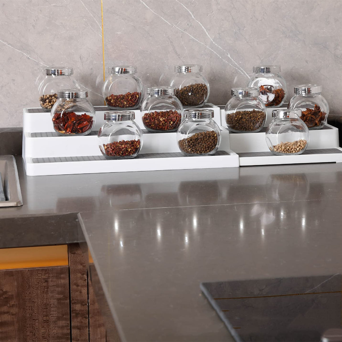 Expandable Spice Rack Organizer for Cabinet 3-Tier for Pantry Cabinet or Countertop, Waterproof, and Non Skid Shelf, for Spice Bottles, Jars, Seasonings, Baking Supplies - 2 Pack