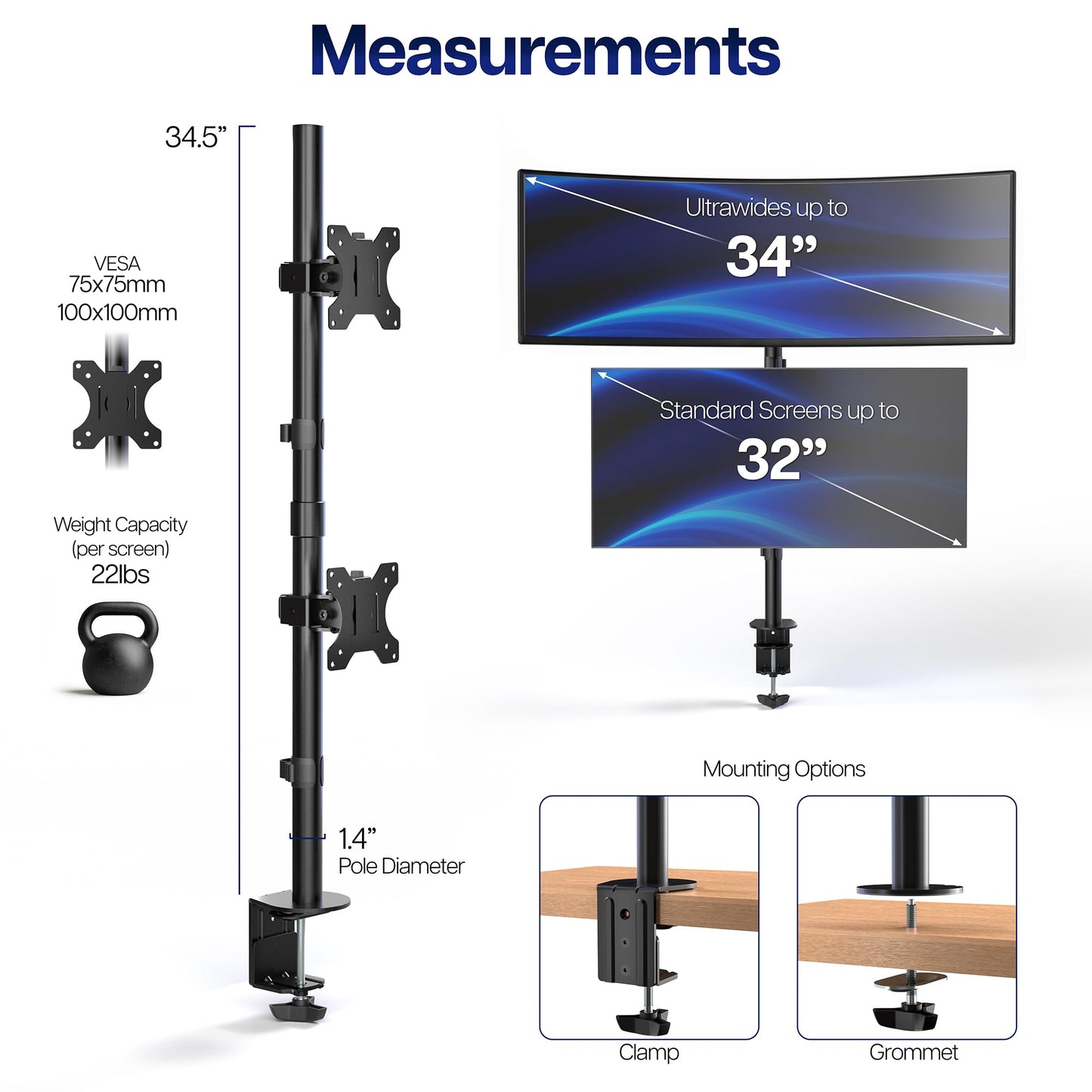 VIVO Dual Vertically Stacked Monitor Desk Mount, Extra Tall Adjustable Stand for 2 Ultrawides up to 34 inches, 22 lbs Capacity, Black, STAND-V002T