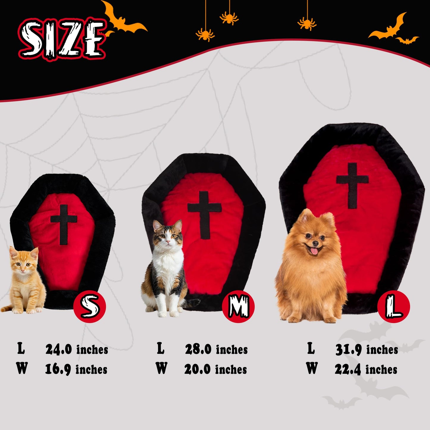 Gothic Cat Beds - Large Washable Coffin Bed, Fluffy - Fits Up to 40 lbs, Halloween House - 32 * 22.4 Inch - Red & Black
