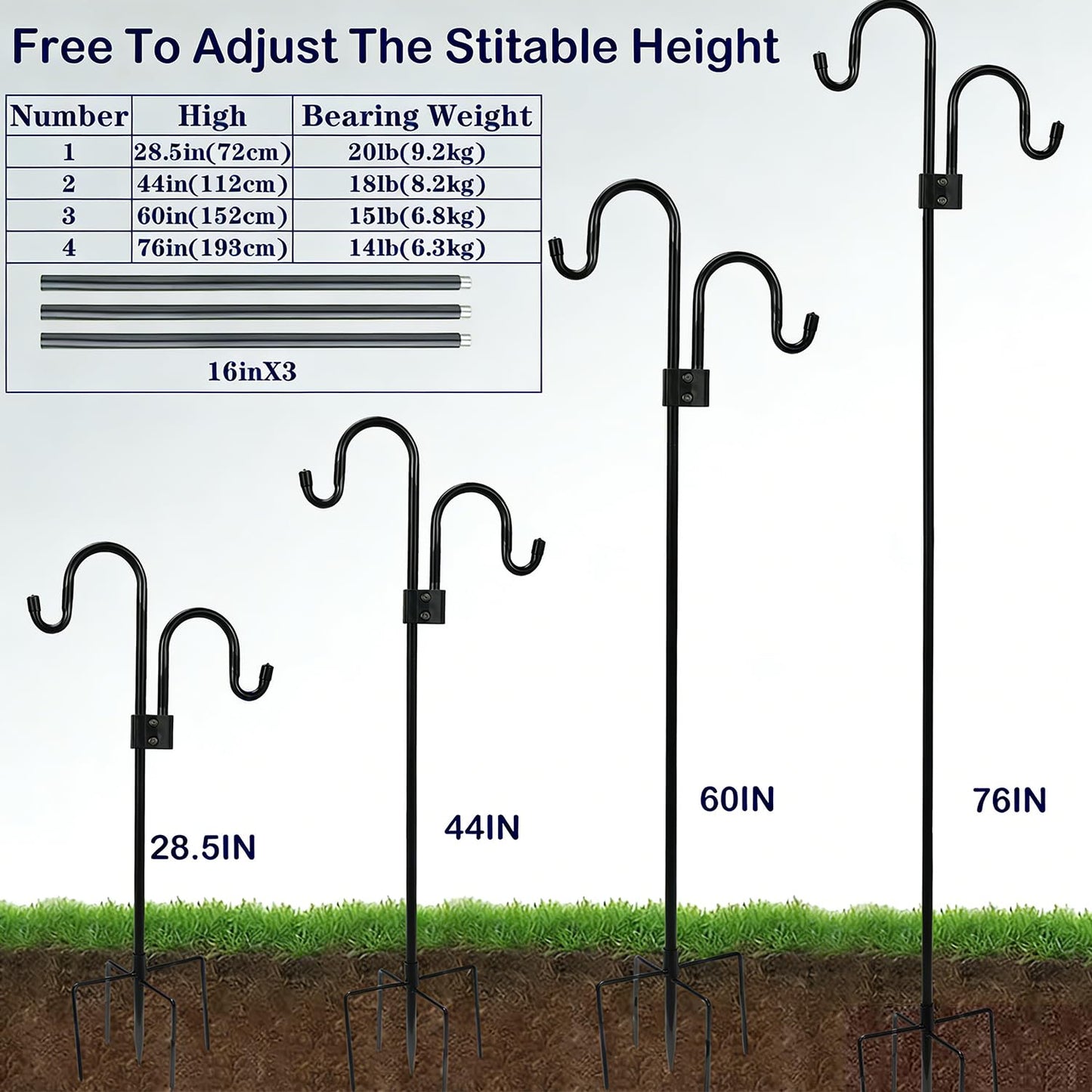 76 inch Double Shepherds Hook with 5 Prongs, Heavy-Duty Metal Bird Feeder Pole Stand, 28.5 to 76 inch Adjustable Garden Holder for Hanging Plant, Wind Chimes, Wedding Garden Outdoor Deco ect