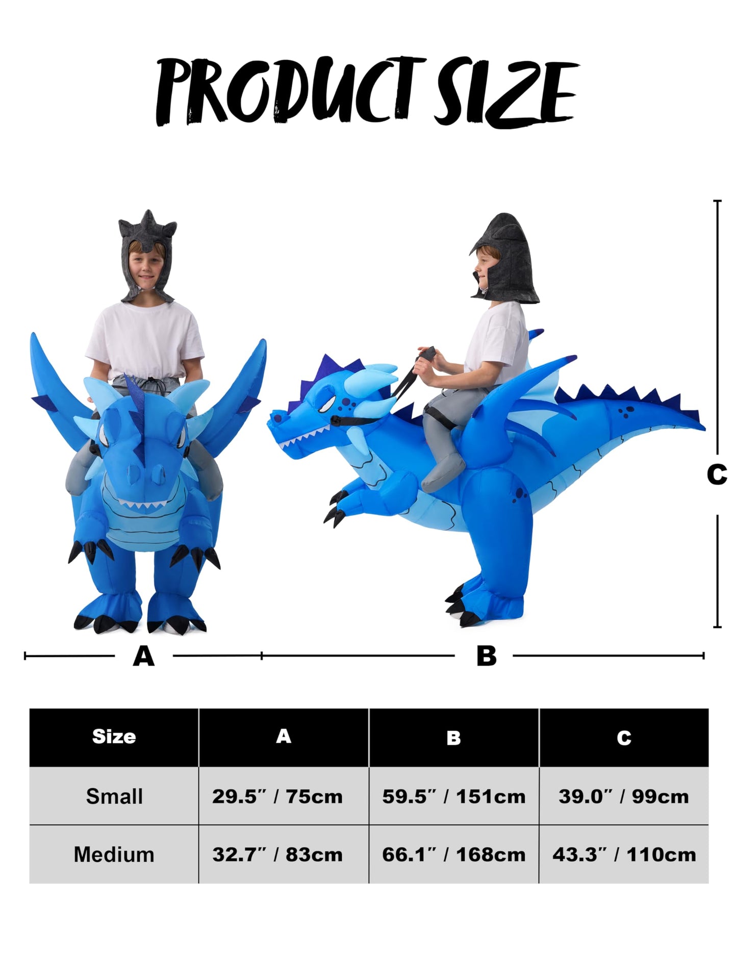 Spooktacular Creations Inflatable Costume for Kids, Ride on Ice Dragon Inflatable with Hat, Dragon Costume Blue(M)