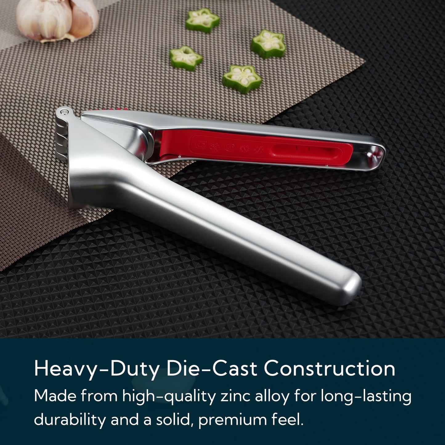 KITCHENDAO No Peeling Garlic Press with Large Chamber,Heavy-Duty Garlic Press with Built-in Scraper & Cleaning Pusher, Zinc Alloy Garlic Mincer, Dishwasher Safe