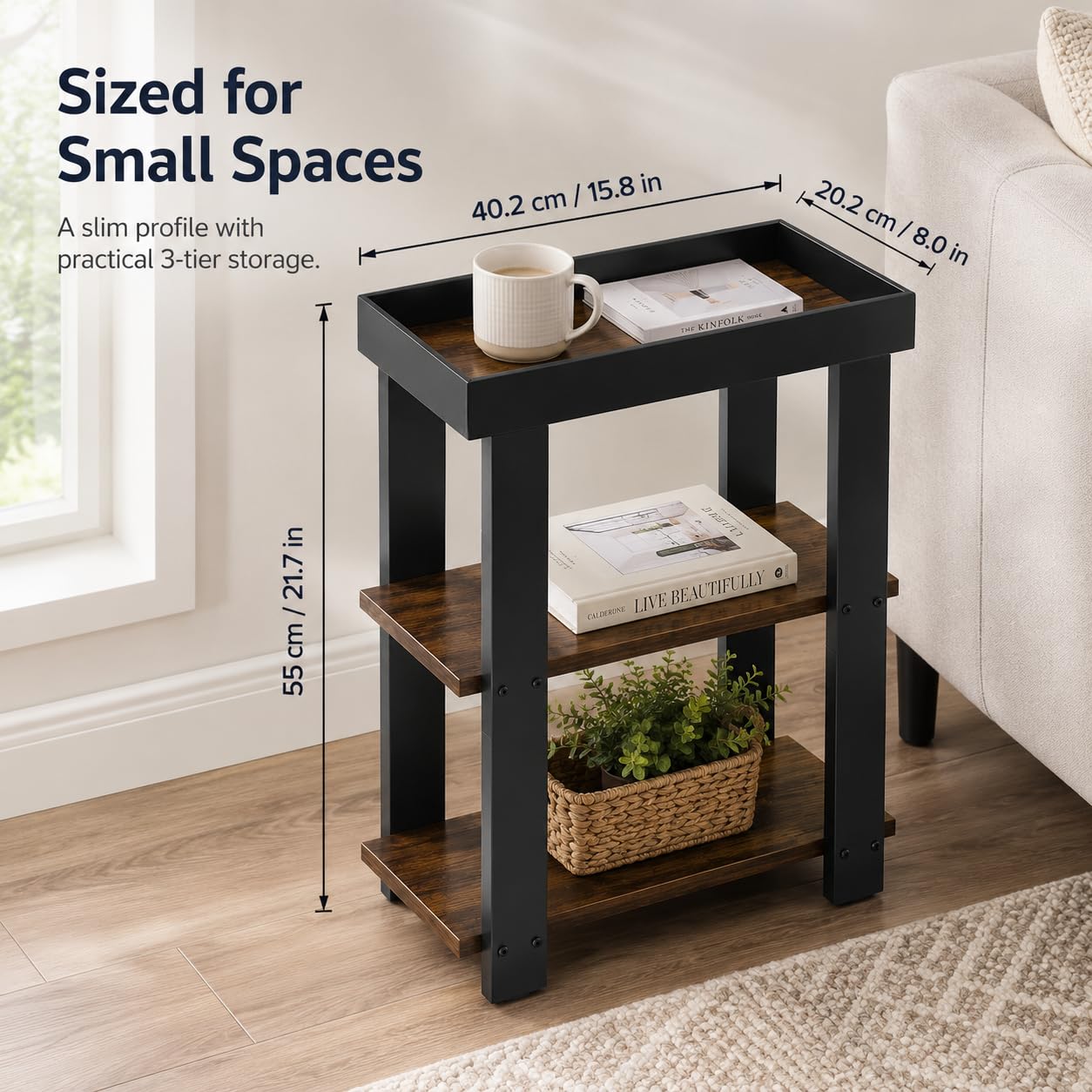 ZEXVIDA Narrow Side Table, 3-Tier Side Table, Rustic Farmhouse Narrow End Table with Storage, Slim Table Nightstand for Small Spaces, Bedroom or Living Room (Rustic Brown)