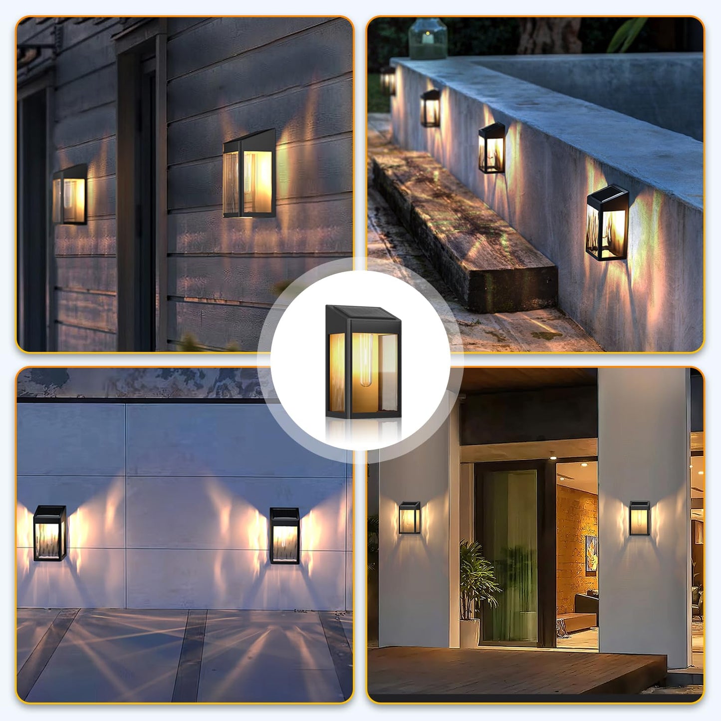 Solar Wall Light Outdoor, 4 Pack Solar Fence Lights with Auto On/Off, Waterproof, Dusk to Dawn Porch Lights Fixture for Wall Patio Porch Hallway Stairs Backyard Entryway Front Door, Warm White