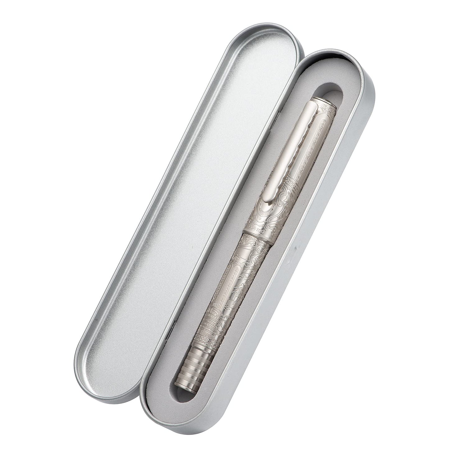 Hongdian 100 Piston Fountain Pen Silver Steel, Iridium Medium Nib Calligraphy Pen, Smooth Writing Pen with Pen Case Set