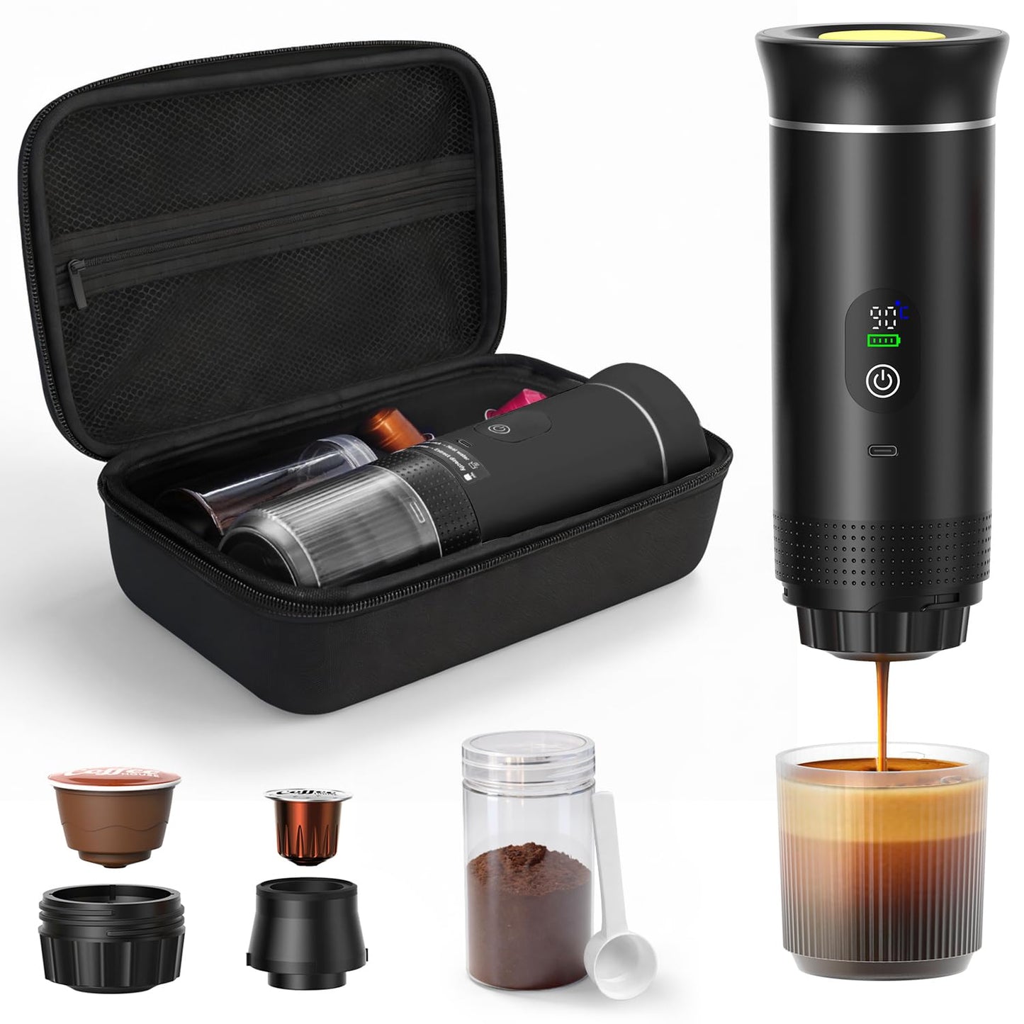 Swiitaey Portable Coffee Maker for Travel & Camping, Portable Espresso Maker with Bag, Rechargeable Cordless Battery Operated Coffee Makers for Ground Coffee, NS Capsule RV, Hiking, Office(Black)
