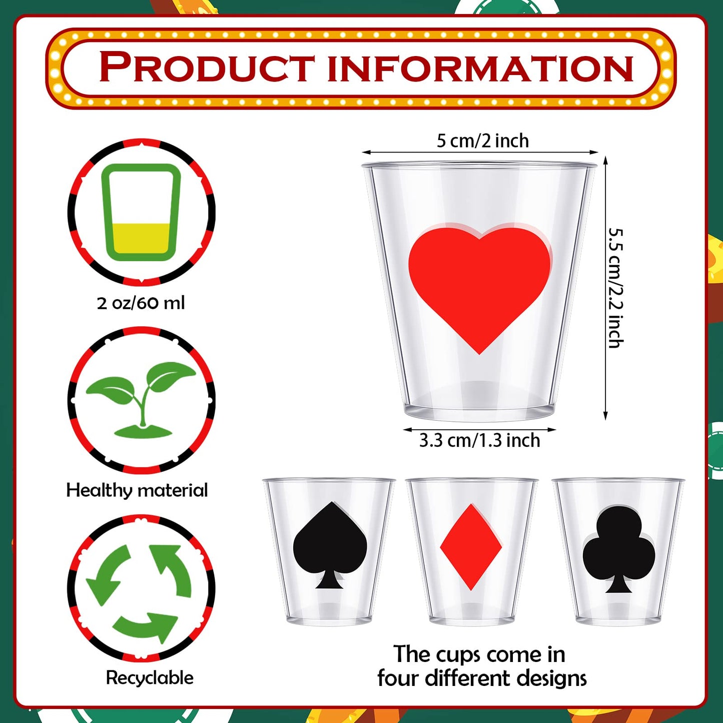 Zubebe 36 Pcs 2 oz Casino Shot Glasses Plastic Casino Cups Poker Shot Glasses for Las Vegas Themed Party Supplies Poker Night Decoration Game Favors