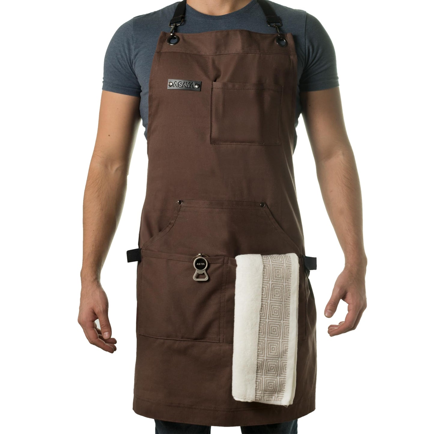 Asaya Chef BBQ and Work Apron with Bottle Opener - Hand Towel-Durable 10oz Cotton Canvas,Brass Hardware and Cross Back Straps (Brown)