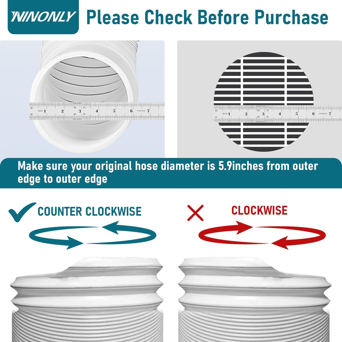 Portable Air Conditioner Hose with 5.9" Diameter & 80" Length Anti-Clockwise Thread, Universal Portable AC Exhaust Hose Air Conditioner Parts & Accessories