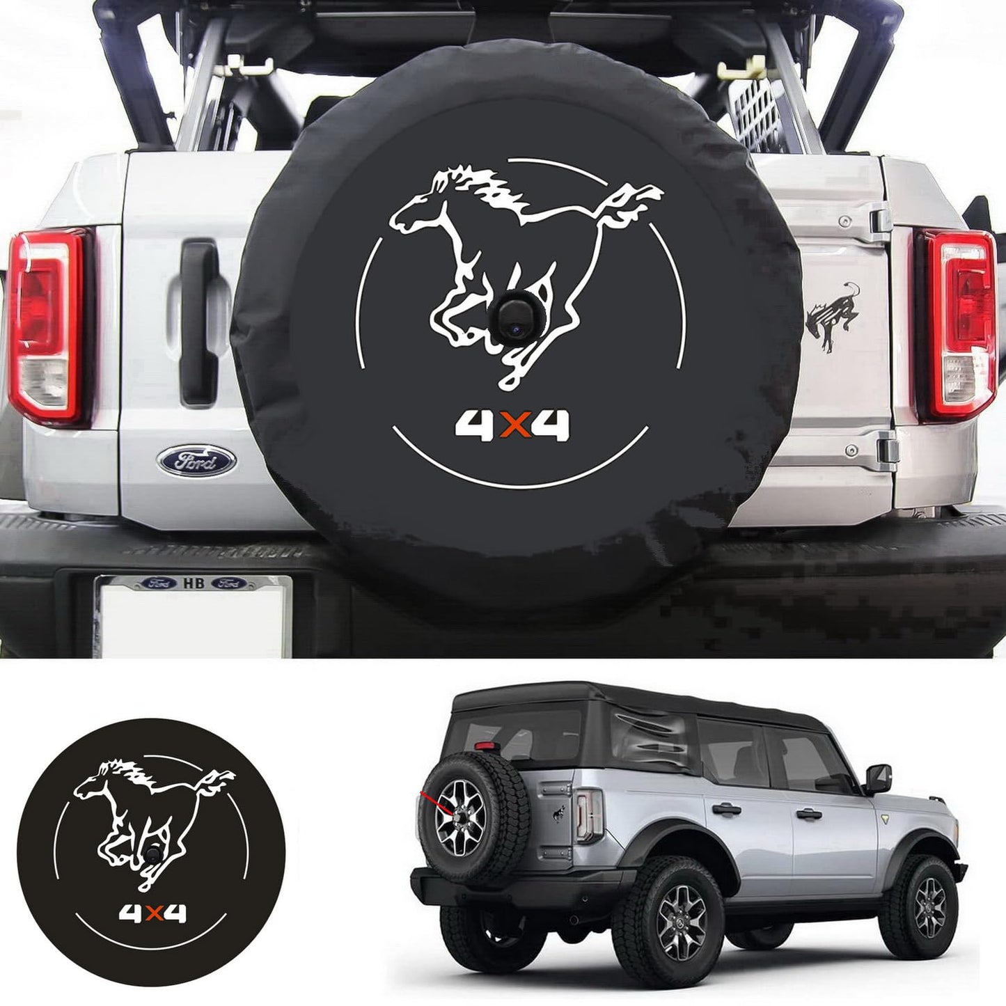 Galloper 4X4 for 2021-2026 Ford Bronco Spare Tire Cover with Backup Camera Hole, Spare Wheel Cover Protector, L-XL-XXL fit Wildtrak, Everglades, Sasquatch, Badlands (XL: 285/70R17, 275/65R18)