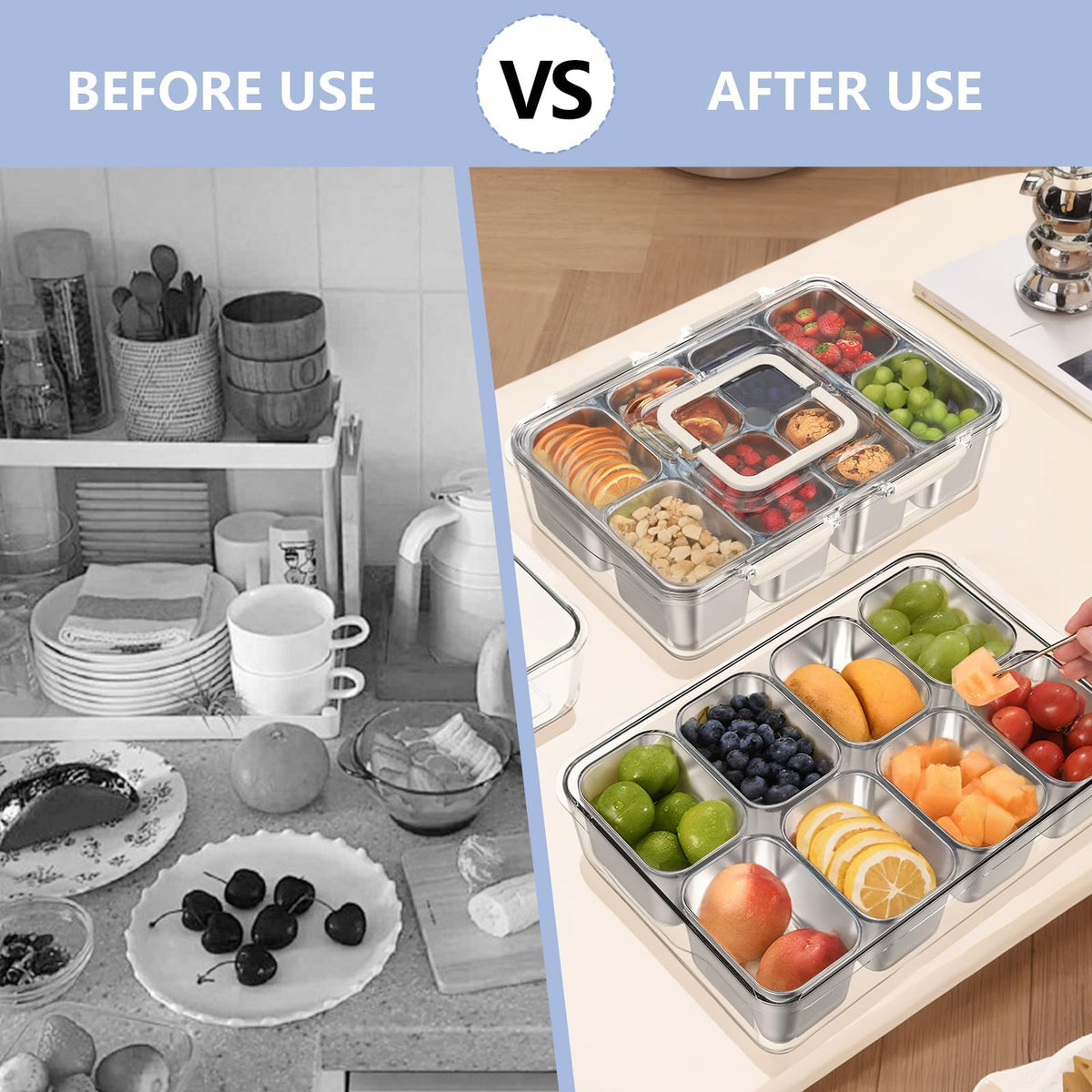 1pcs Snackle Box Container, Stainless Steel Divided Serving Tray with Lid and Handle, 8 Compartment Portable Snack Platters - Leak-Proof for Fruit Candy Nuts Veggie - Perfect for Travel Party