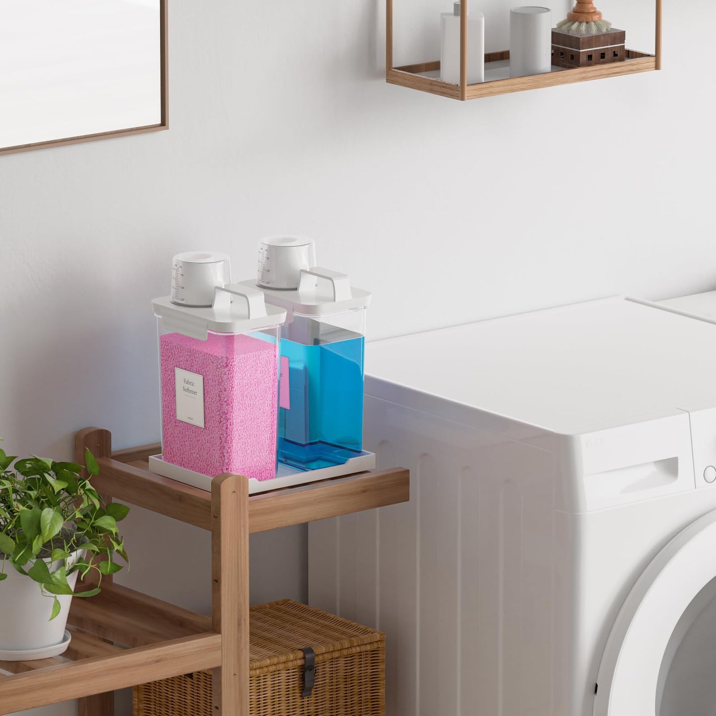 Hordely 61OZ Laundry Detergent Dispenser Container, 2 Pack Liquid Laundry Dispenser, Plastic Detergent Dispensers for Laundry Powder/Fabric Softener with Tray 6 Labels, Clear