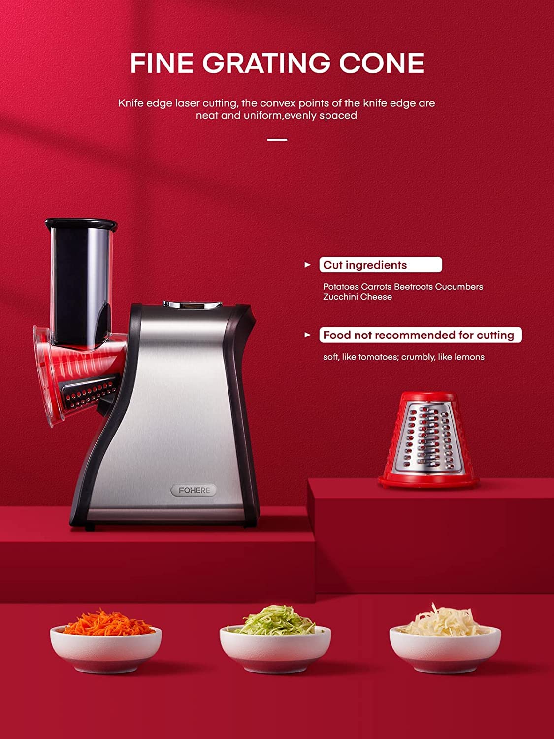 FOHERE Electric Cheese Grater, Electric Grater Shredder with 4 Interchangeable Cones, One Touch Easy Control, Multi Salad Maker for Vegetables, Cheeses and Nuts, 150W