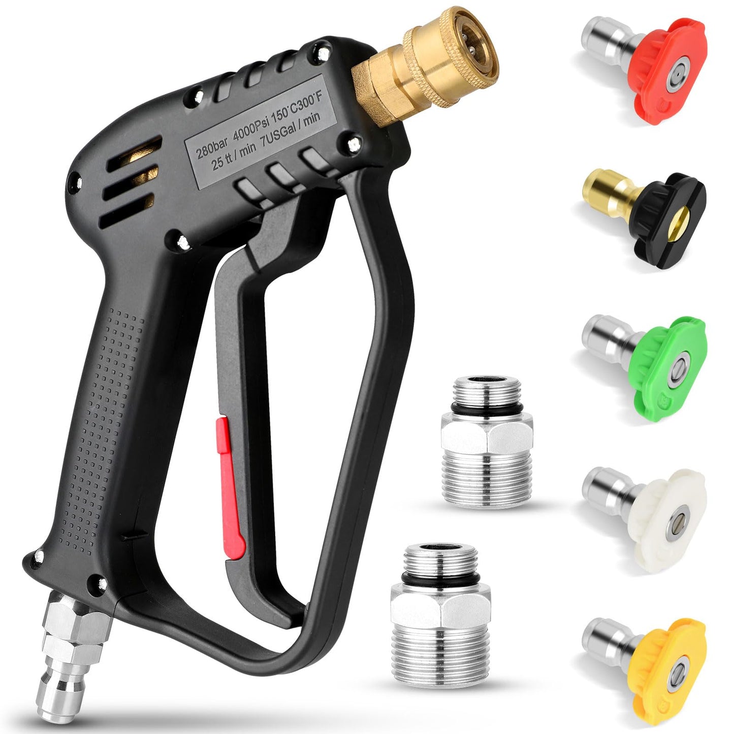 Short Pressure Washer Gun with Swivel, 4000 PSI High Power Washer Spray Gun with 5 Spray Nozzle Tips, 3/8" Quick Connect Plug and M22-14/15mm Fittings, Car Wash Foam Gun Compatible with Foam Cannon