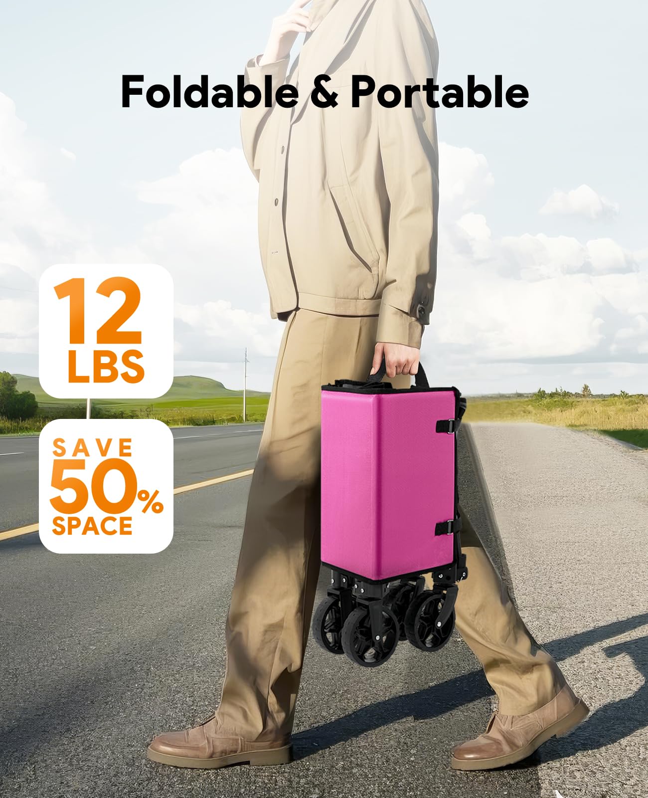 3 in 1 Collapsible Wagon Converts to Bench, 220lbs Foldable Wagon Cart with Wheels, 120L Shopping Cart for Groceries Folding Utility Wagon for Beach, Garden, Camping, Sport (Pink)