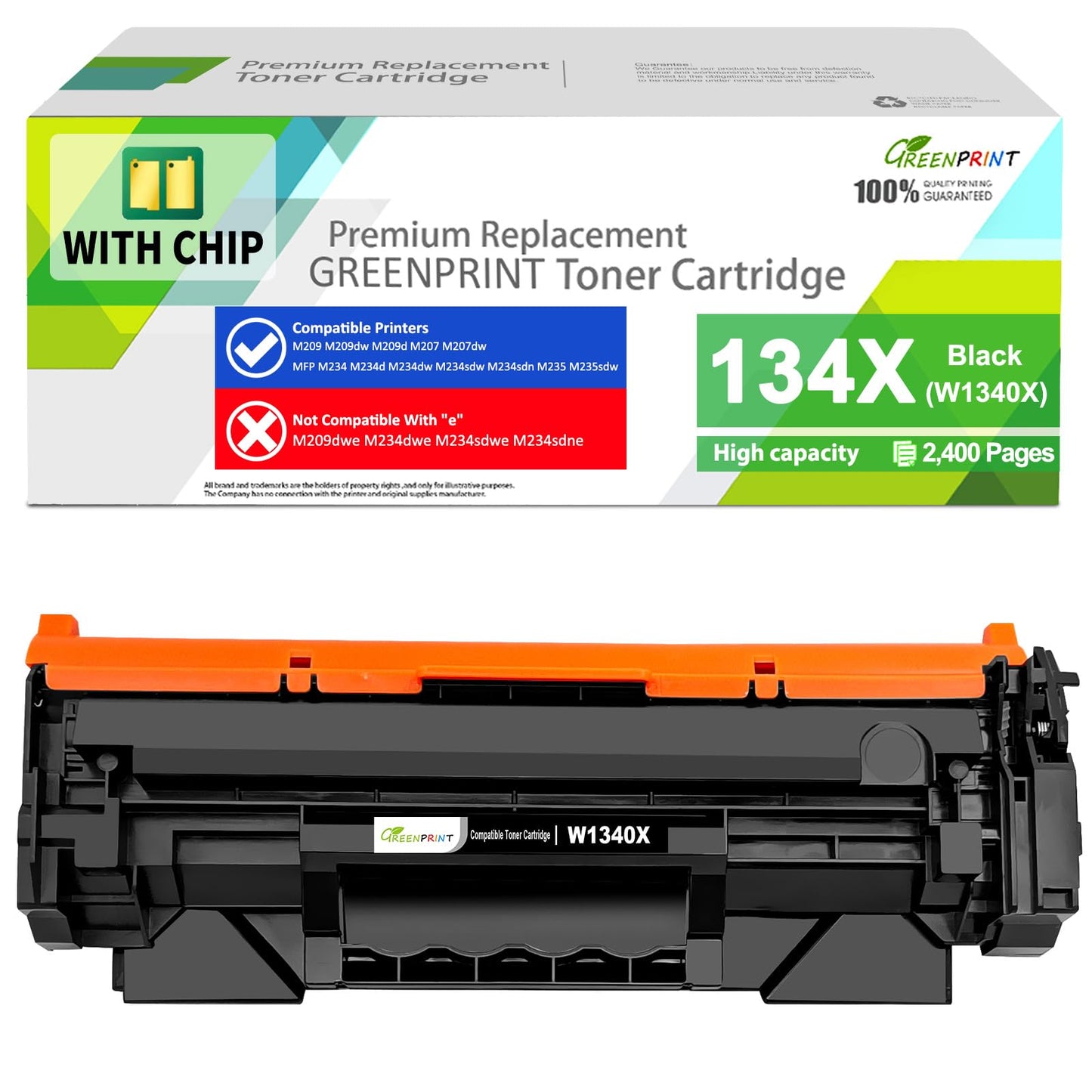 [with CHIP] 134X W1340X (134A W1340A) Compatible Toner Cartridge Black High Yield 2400 Pages GREENPRINT for H P MFP M234 M234dw M234sdw M234sdn M207dw M209 M209d M209dw, Doesn't Work with H P+ Printer