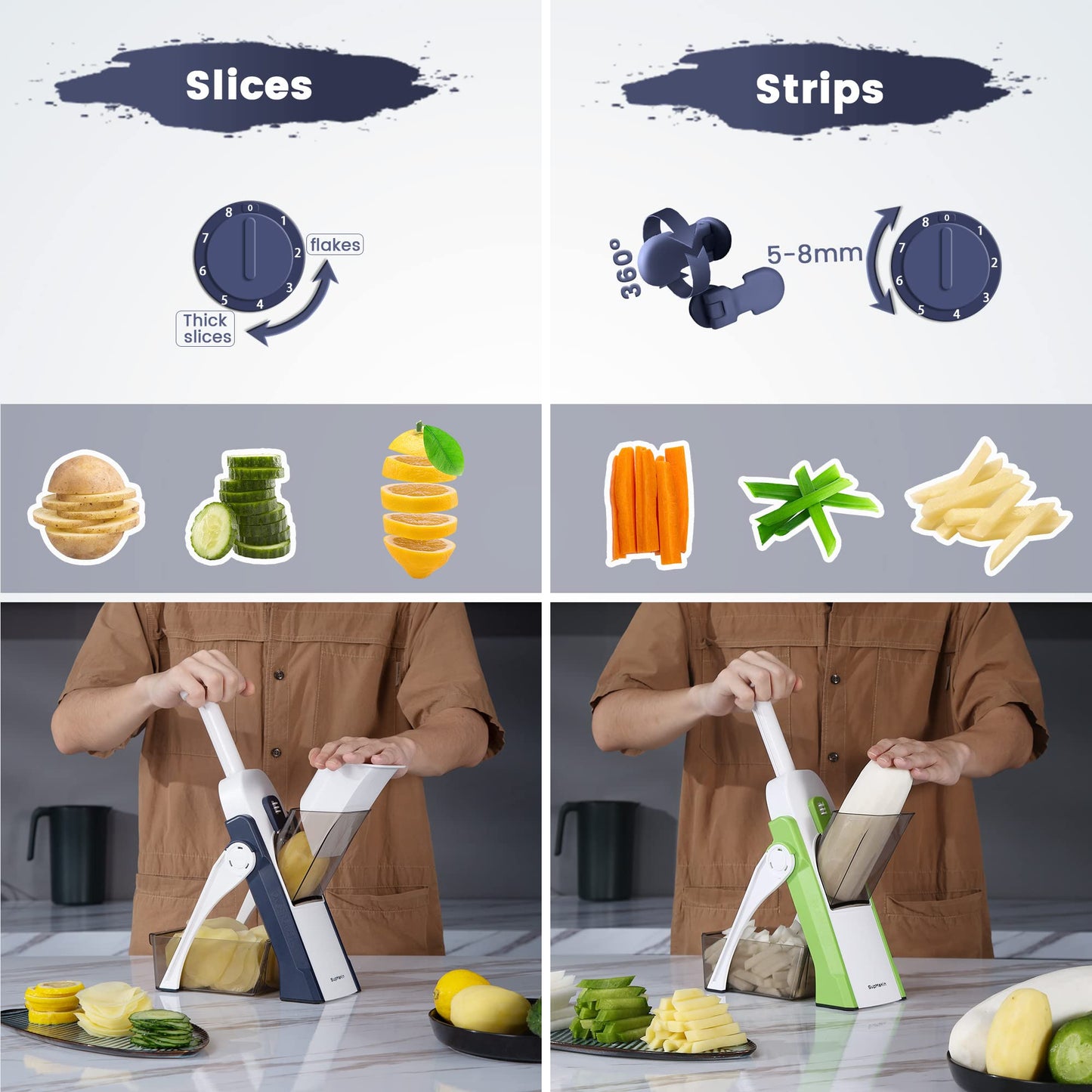 SupMaKin Mandoline Slicer for Kitchen, Safe Vegetable Chopper Adjustable Food Chopper Fruits and Vegetables Chopping Artifact (Blue)