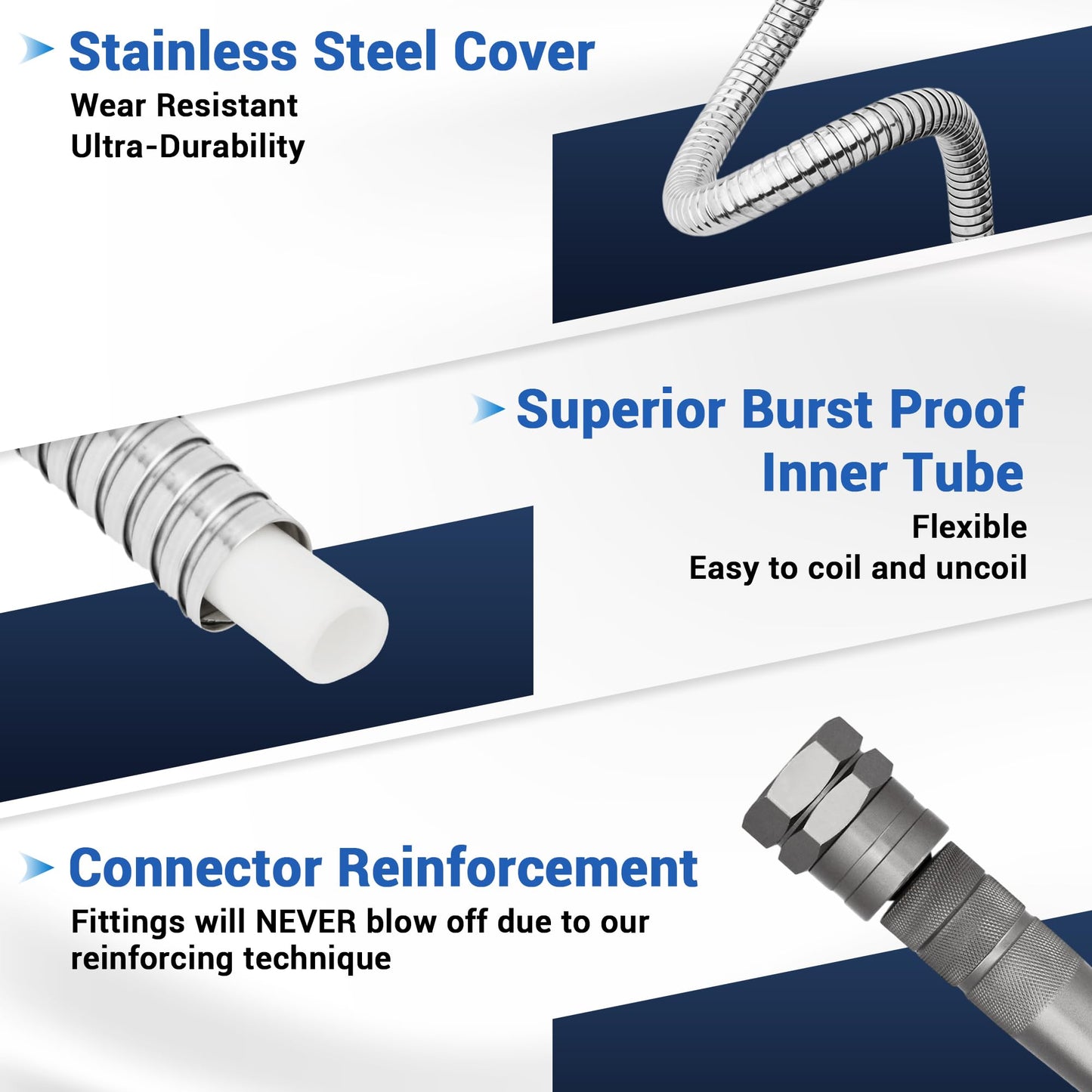 50 FT Stainless Steel Garden Hose – 304 Steel Heavy Duty Metal Hose, No-Kink, Puncture Resistant, Lightweight, Leak-Proof Swivel Fittings, 8-Pattern Nozzle for Garden, Yard, Outdoor Cleaning