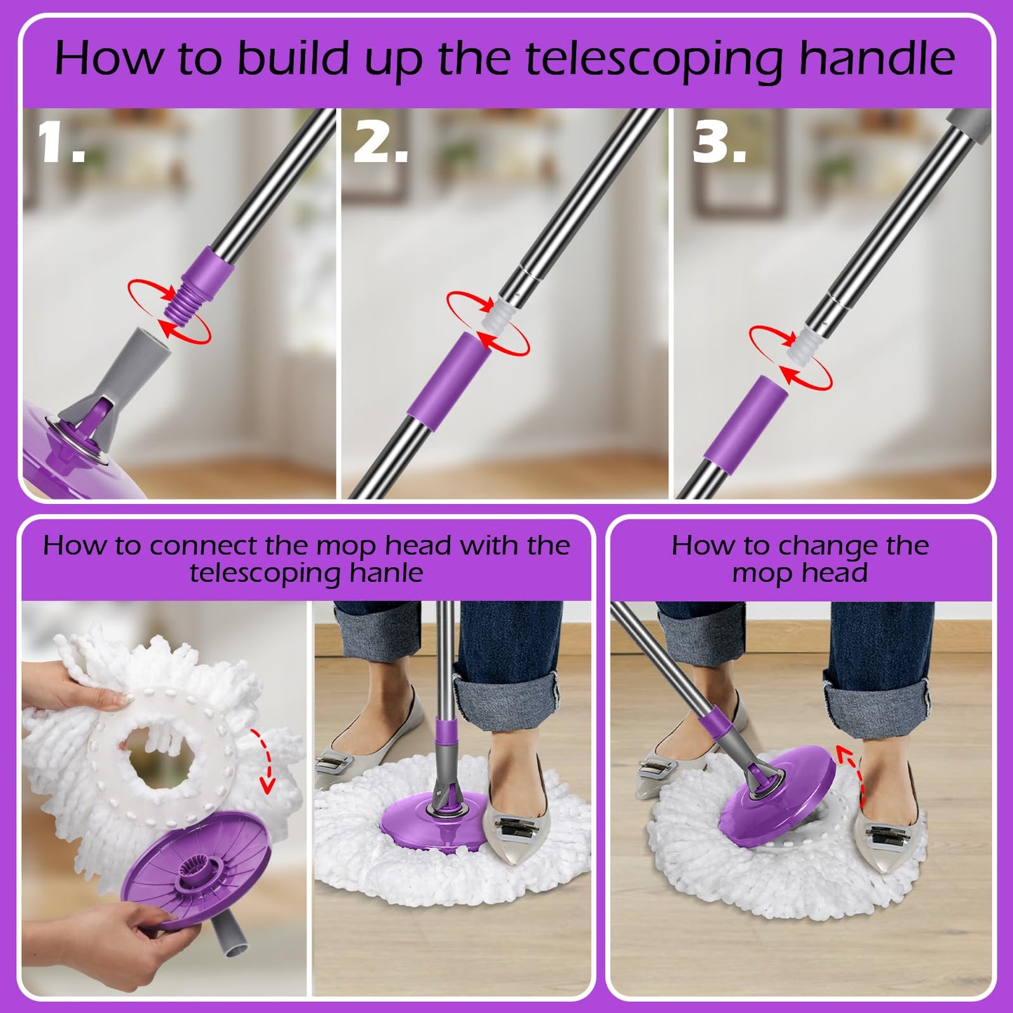 Almcmy Spin Mop and Bucket Set, Mop Bucket with Foot Pedal Wringer System, 3 Reusable Mop Refills, 130cm Long Handle, Easy Wring Magic Mop Floor Cleaning System, Purple