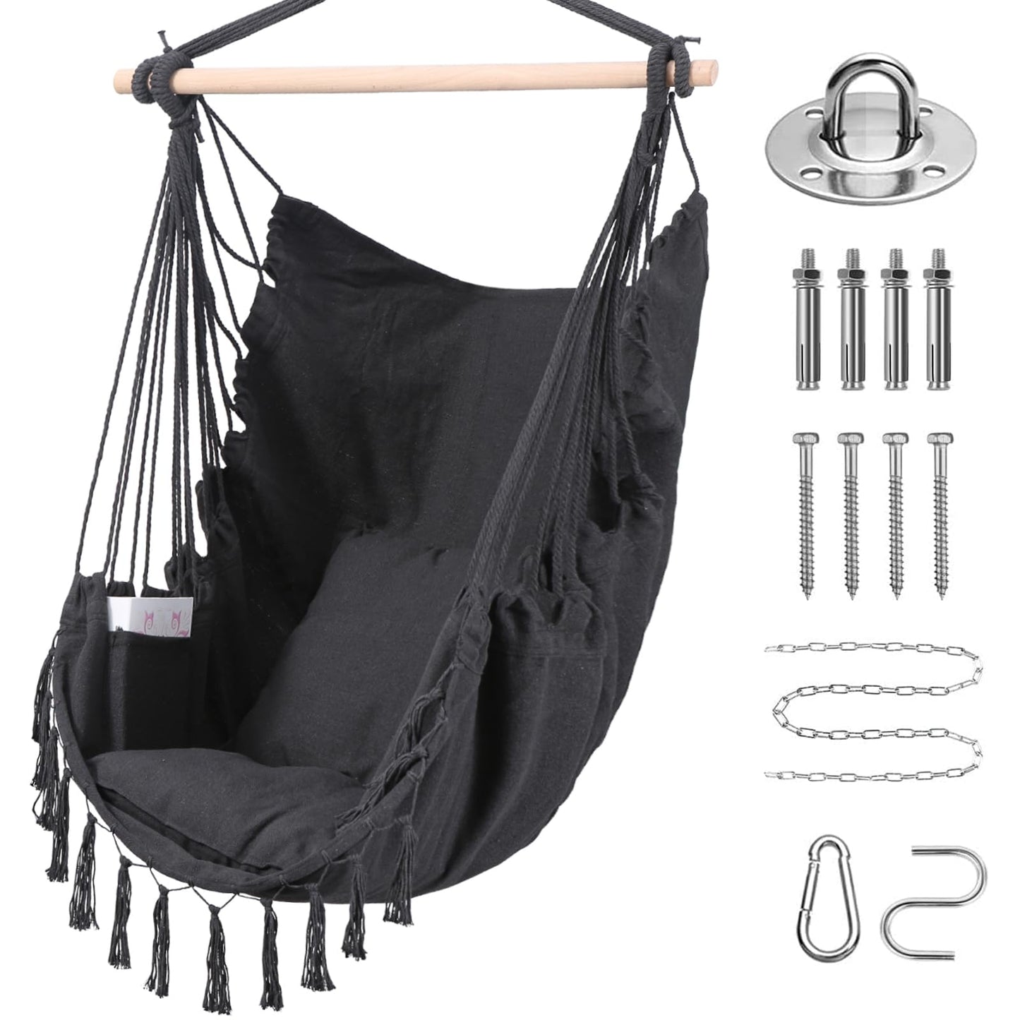 Goutime Swing Chair with 2 Hanging Chair Seat Cushions Pillows, Hammock Chair Swing with Carry Bag and Hardware Kit, Chair for Bedroom, Indoor/Outdoor Chair Reading Chair 330 Lbs (Dark Gray)