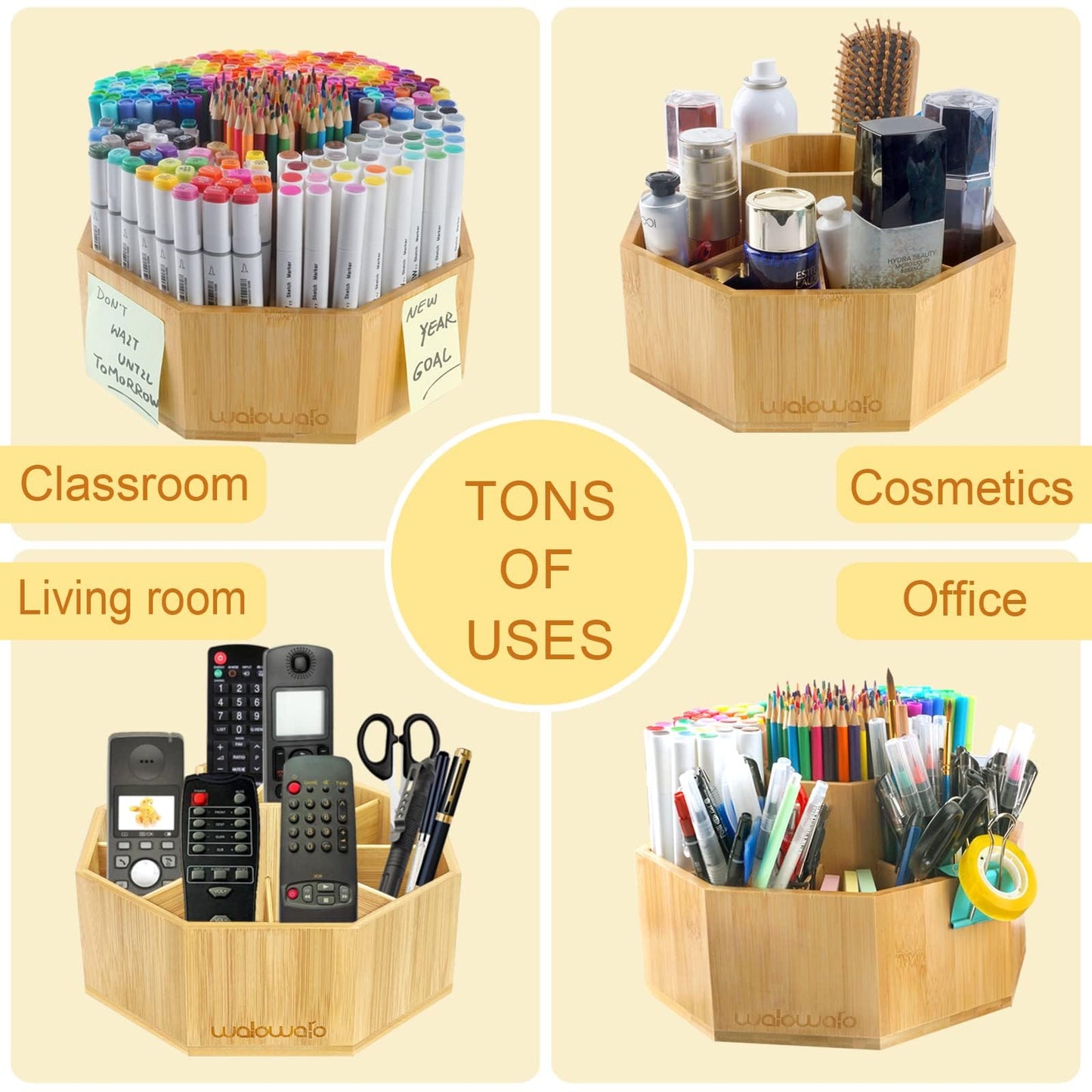 walowalo Bamboo Rotating Art Supply Organizer Holds 800+ Pencils Spinning Crayon Marker Pen Holder for Desk Brush Storage for Office School Classroom Organization Stationary (Larger Version)