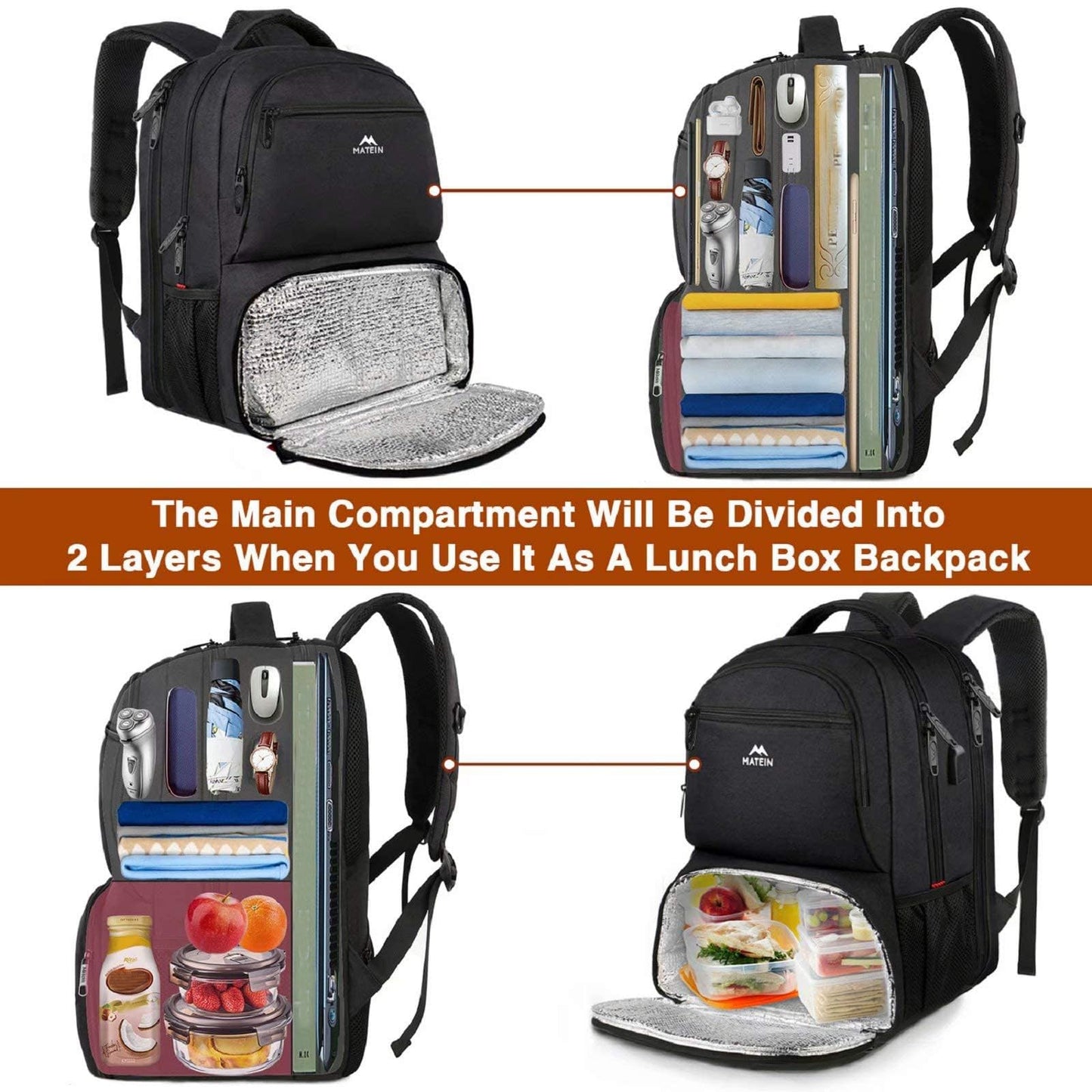 MATEIN Lunch Backpack for Men, 17 Inch Insulated Cooler Backpack Lunch Box Backpack with USB Charging Port, Water Resistant Computer Daypack College Laptop Backpack for Travel Picnic Work, Black