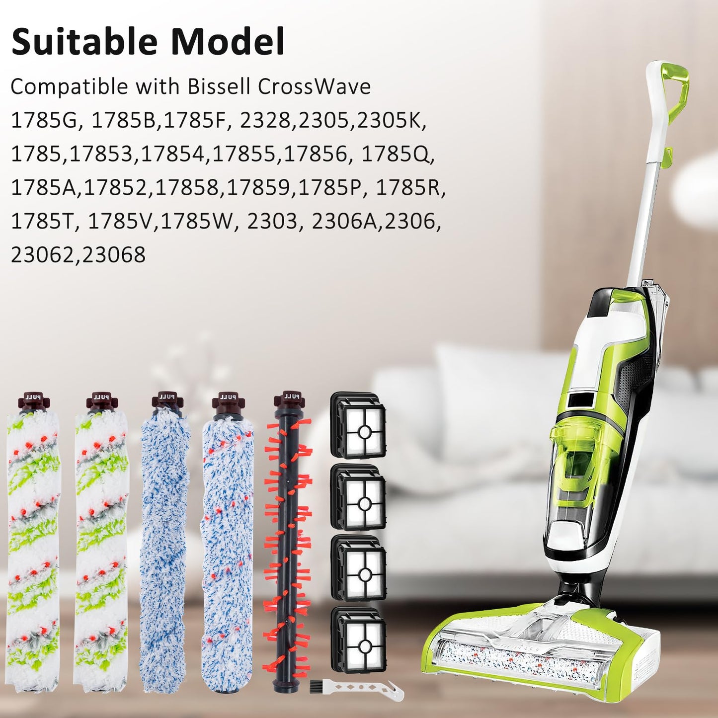 Replacement Parts for Bissell CrossWave 1785 2306 2551 Series Wet Dry Vacuum Cleaner,1785A 2306A Replacements 1 x Pet & 2 x Multi Surface & 2 x Wood Floor & 1 x Area Rug Brush Rolls & 3 x 1866 Filters