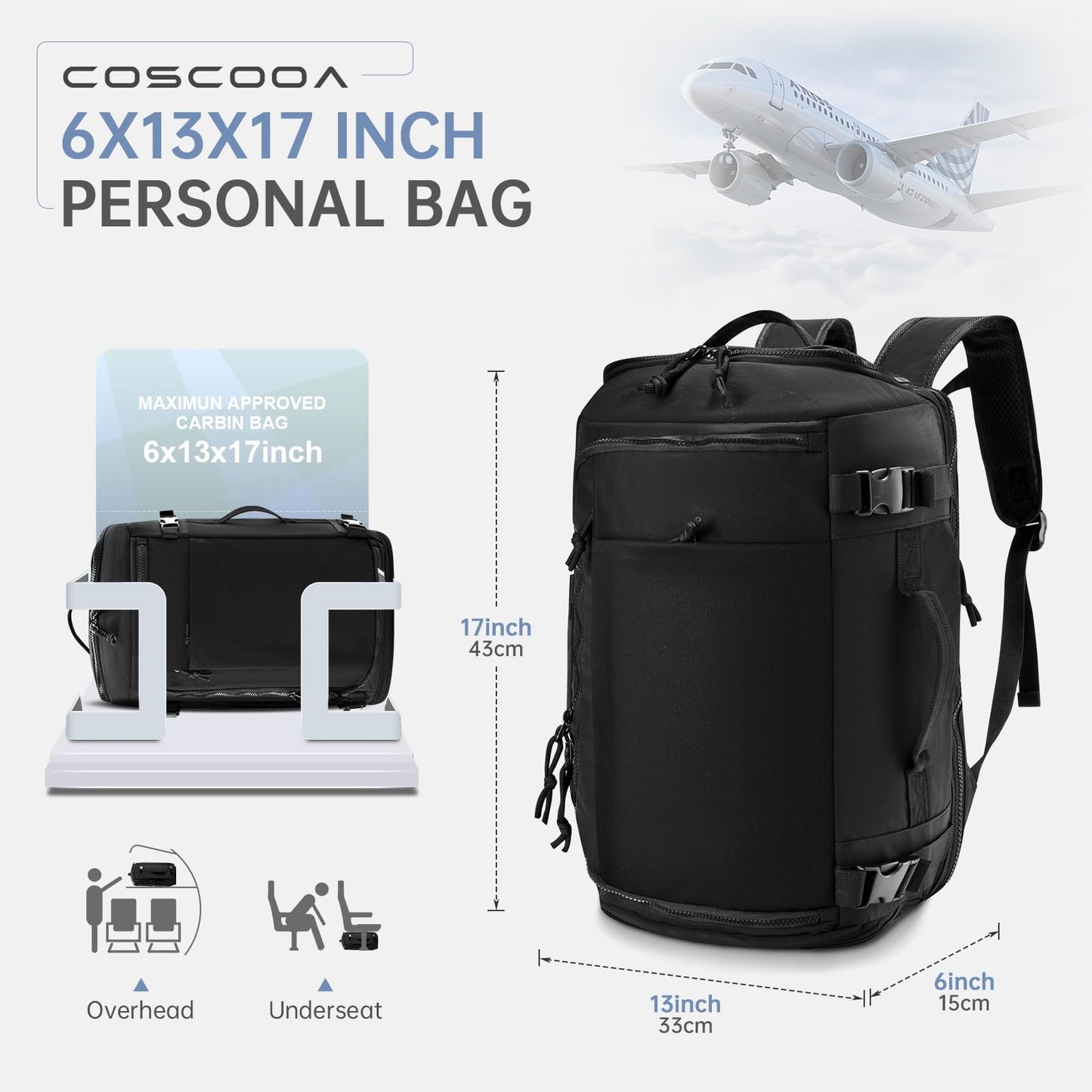 COSCOOA 6x13x17 inch Personal Item Bag for Budget Flight in Canada,15x33x43 cm Travel Bag,Expandable Carry On Travel Backpack,Underseat Travel Duffel Bag