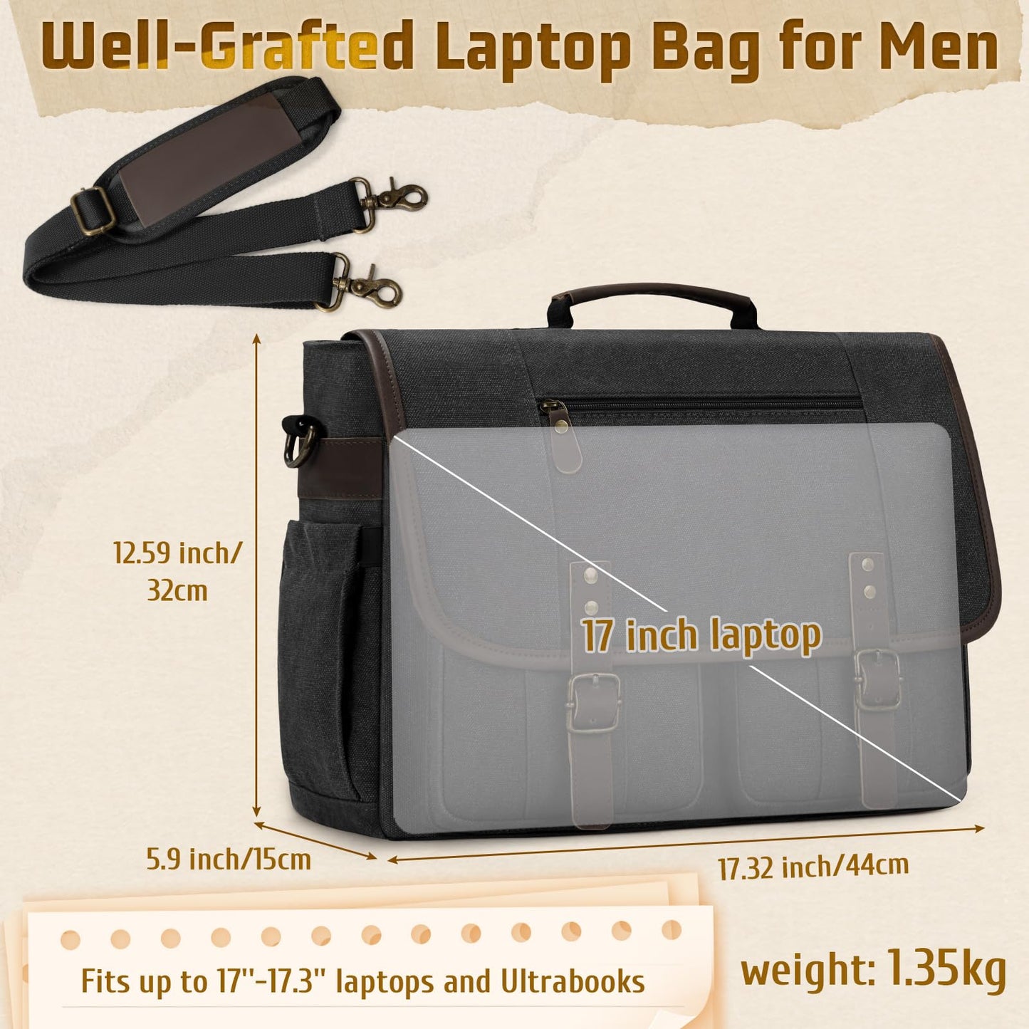 RAINSMORE Canvas Messenger Bag Men 17-17.3 Inch Laptop Bag Computer Briefcase Water Resistant Satchel Bag for Men Work Office