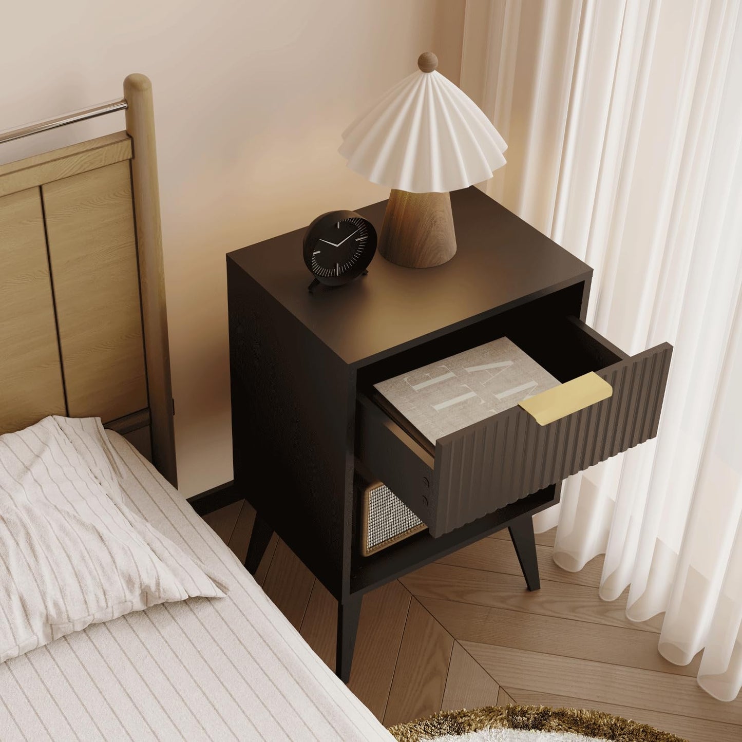 Fluted Night Stand with Opening Storage,Mid Century Bedside Table with Drawer,Modern Nightstand with Solid Wood Legs,End Table Side Table for Living Room,Bedroom,Black CAACTG56BK